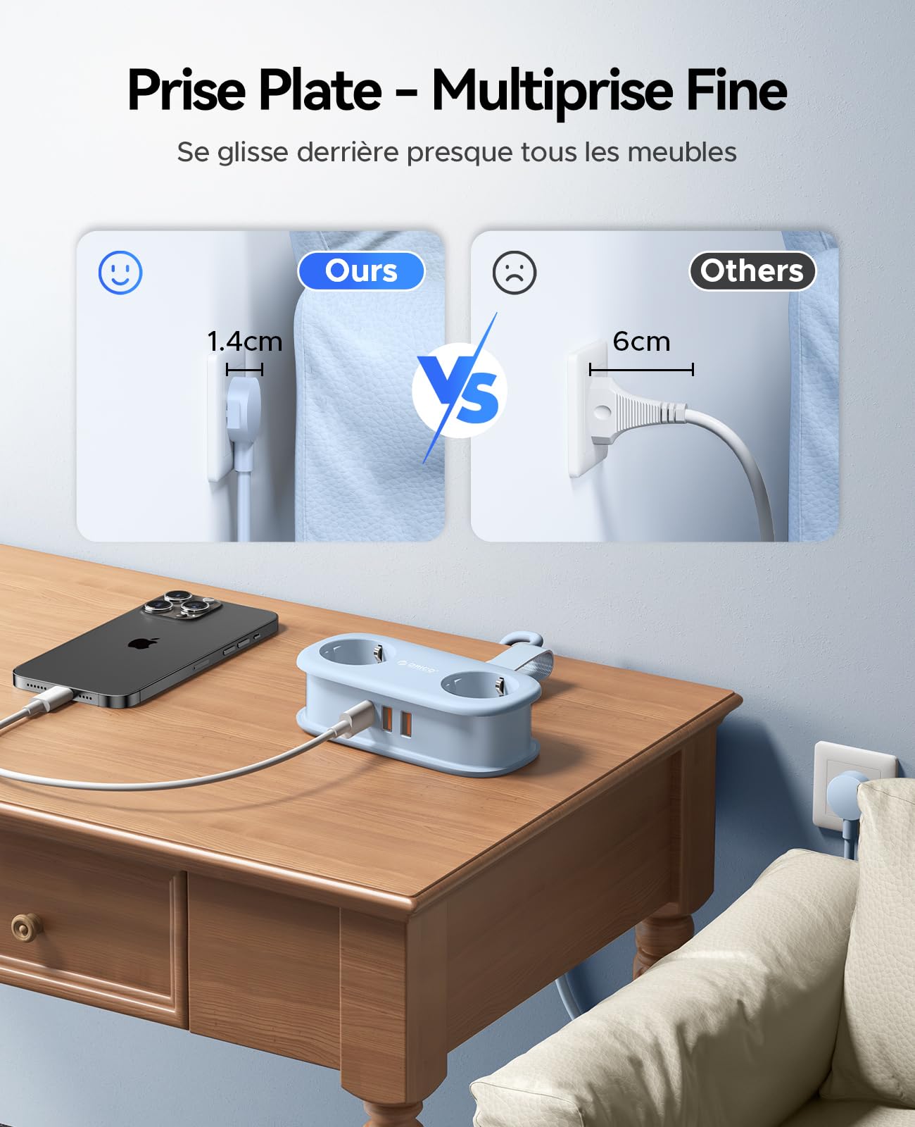 ORICO Weiß+ Blau Mehrfachsteckdose mit USB C, Ladeanschlüssen Kompatibel für das Home Office auf dem Schiff (AP3-2A2U1C + PDC-2A2U2C)