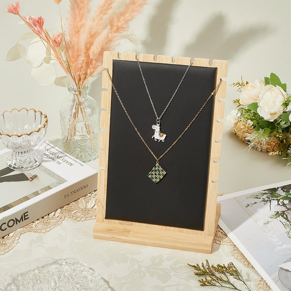 Beebeecraft 9.8 x 7 Inch Bamboo Necklace Display Stand with Black PU Leather Mat Multi Rung Rectangle Wooden Necklace Holder Tabletop Storage Organizer for Jewelry Selling Showcase Boutique Collection