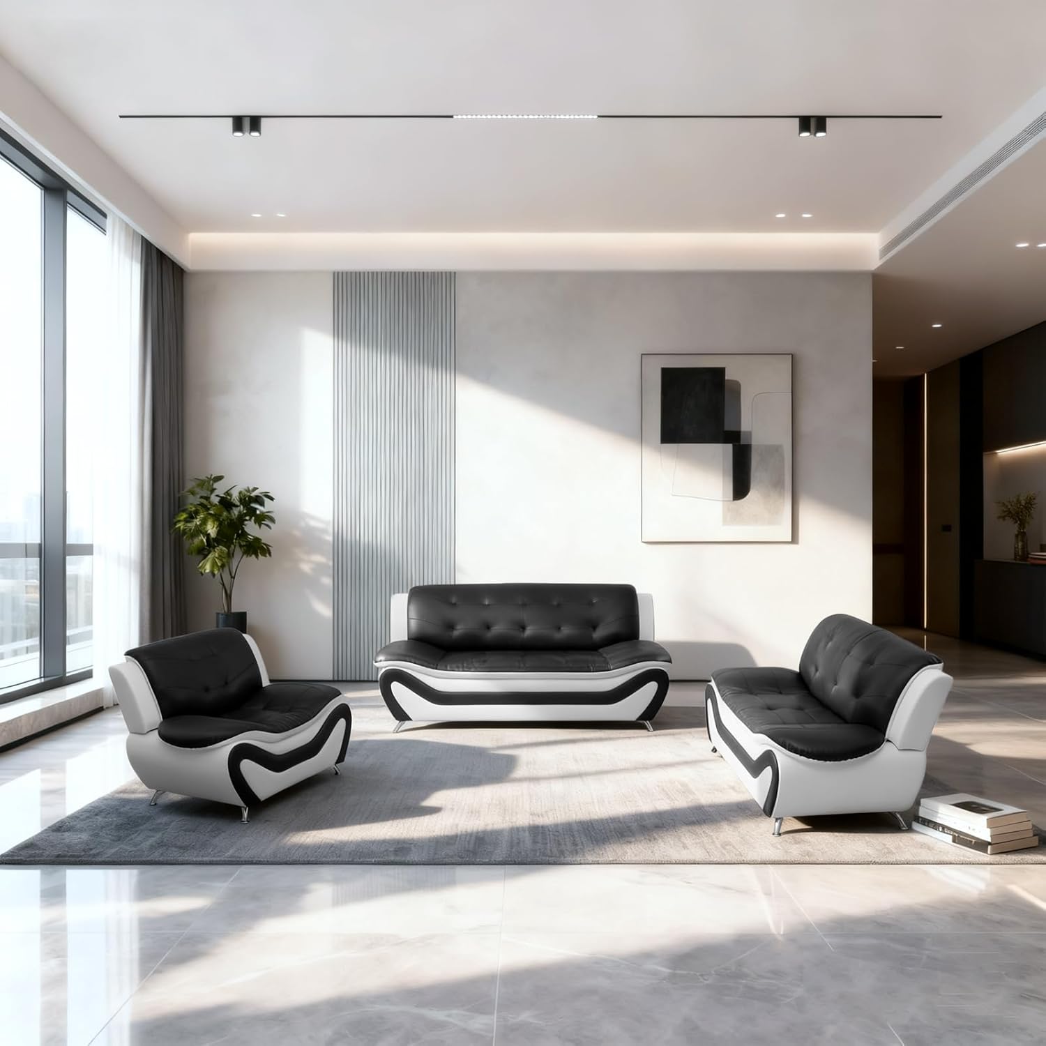 3PCS Sofa Set for Living Room, Modern Leather Couch with Chair, Loveseat & Sofa, 3 Pieces Living Room Furniture (Set, Black&White Leather)