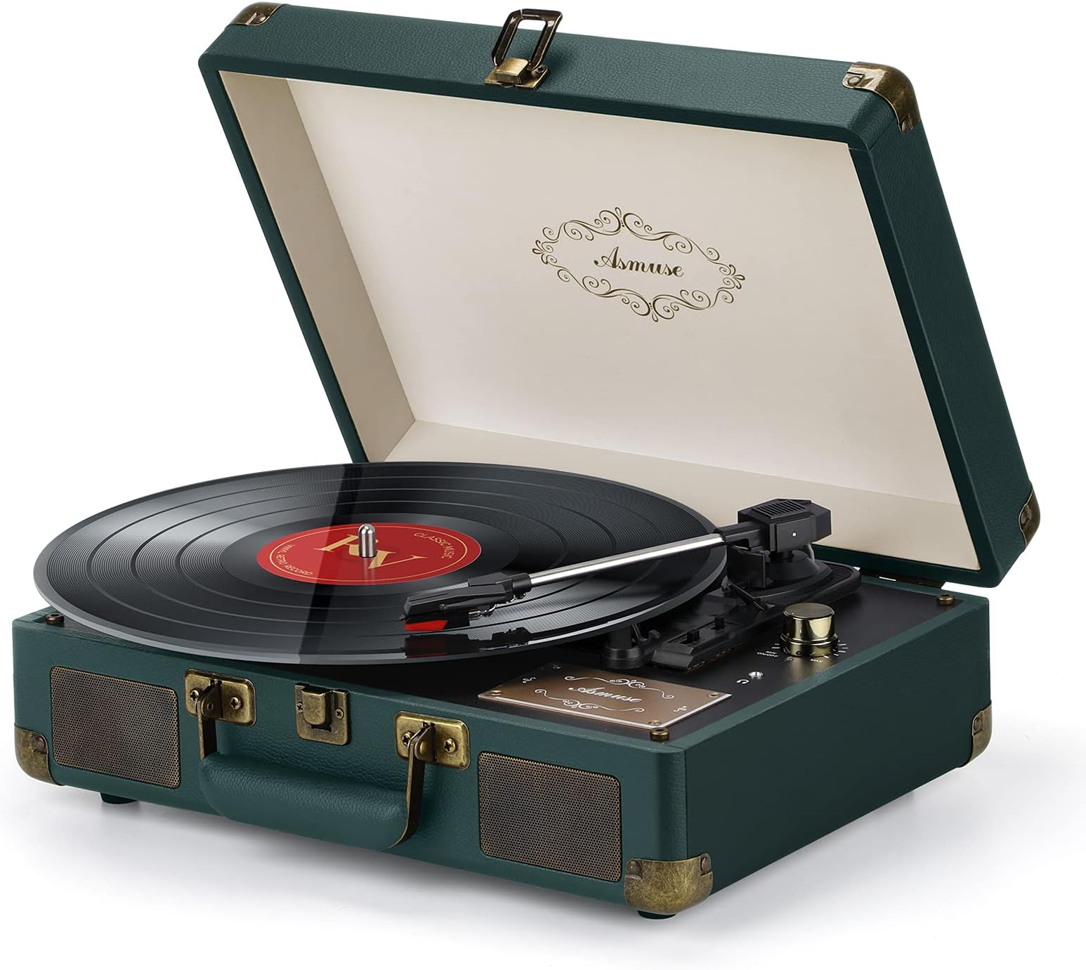 Asmuse Record Player 3-Speed Belt Drive Turntable for Vinyl Bluetooth Record Player with Built-in Stereo Speakers and RCA Output Yellow Wood Finish