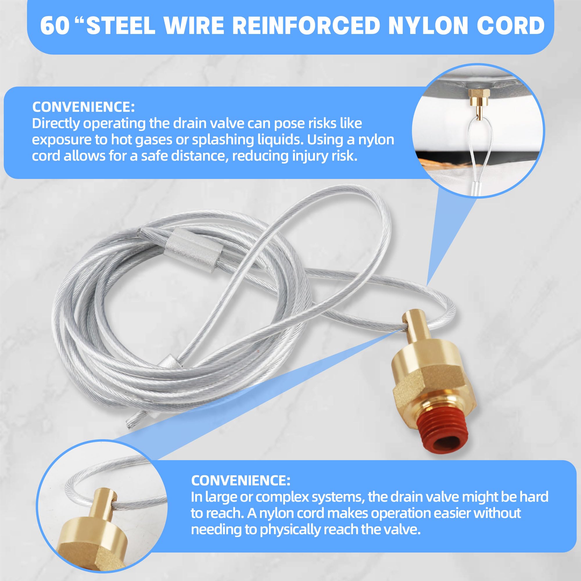 Brass Air Tank Drain Valve - 2 Pack with Cable -4