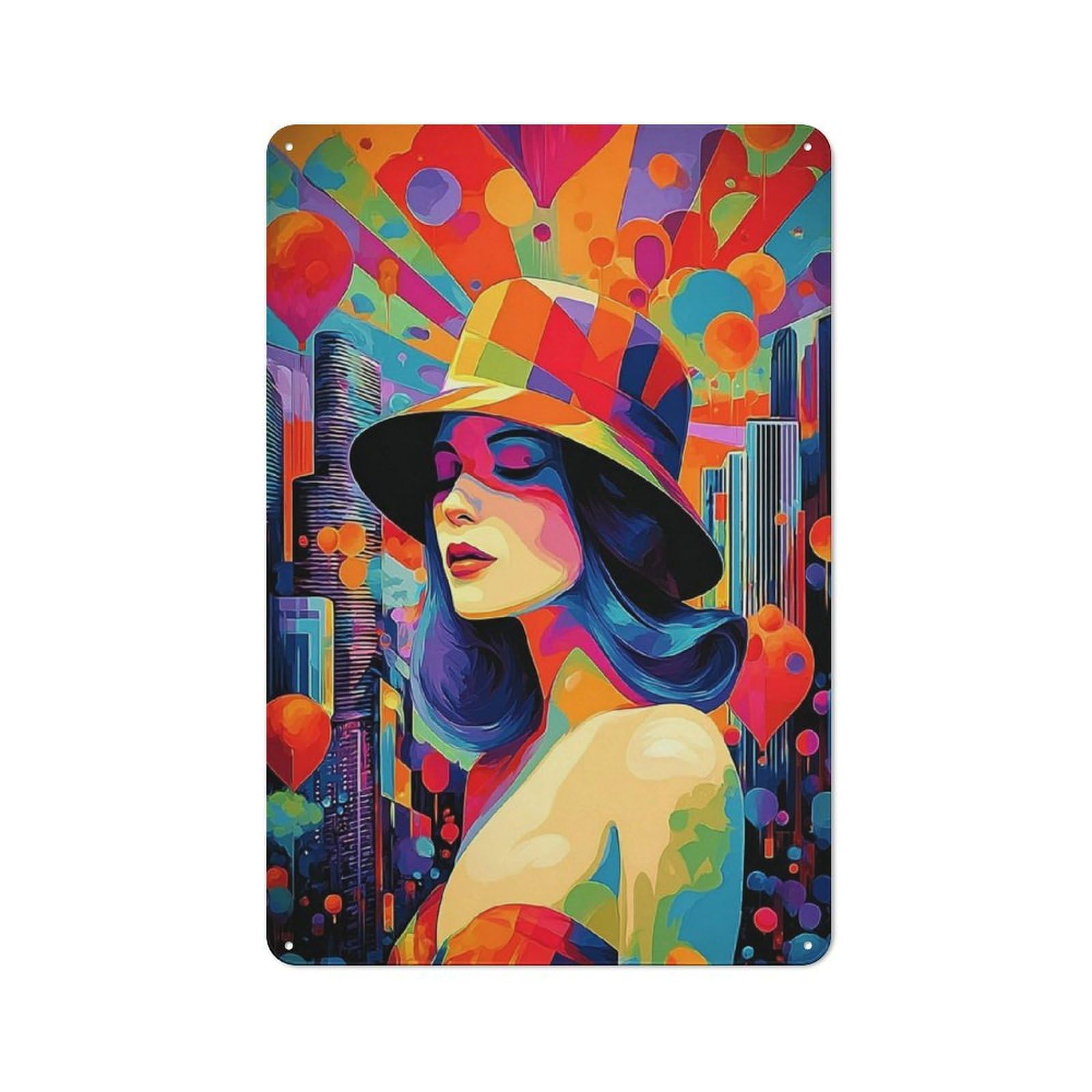 Junmoney Colorful Cityscape With Hat Retro Metal Plaque 30X20cm For Guest Room Or Hallway, Housewarming Present For People Styling Guest Room And Hallway