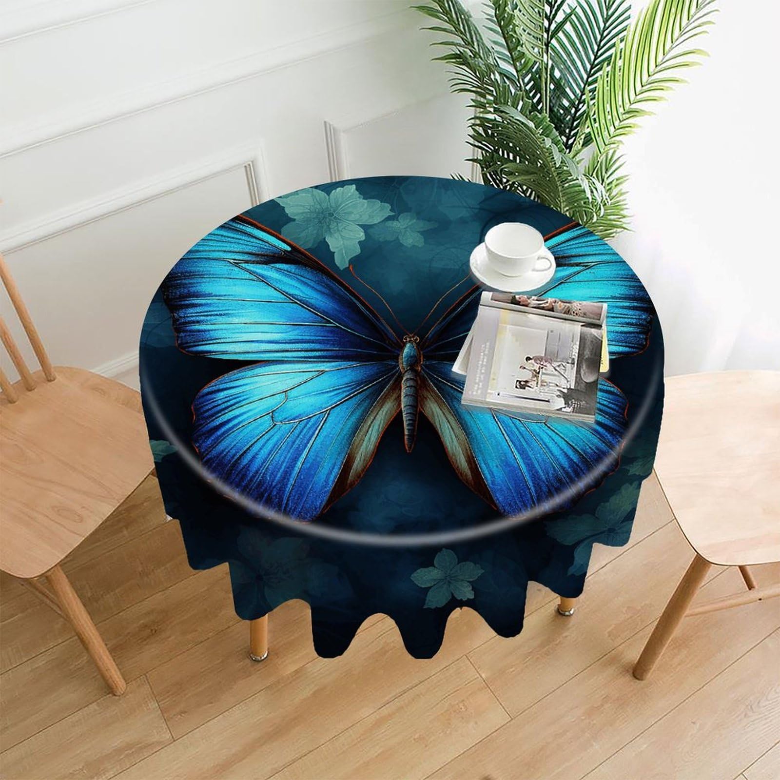 VstaDank Blue Butterfly Pattern Tablecloth Easy to Clean Polyester Round Table Cover Washable Round Table Cloth Wrinkle-Free Circle Decoration Tablecloth for Kitchen Dining Room 60"