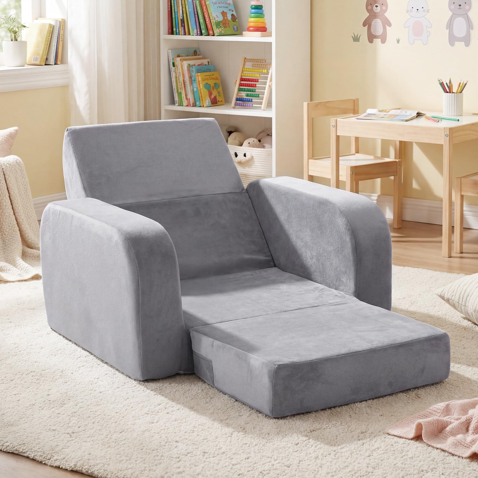 COSTWAY 3 en 1 Sofá Plegable para Niños, Sofá Cama Convertible con Terciopelo Cristal Ultra Suave y Funda Elástica, Desmontable y Lavable a Máquina, Sillón para Niños para Sala de Juegos y Guardería