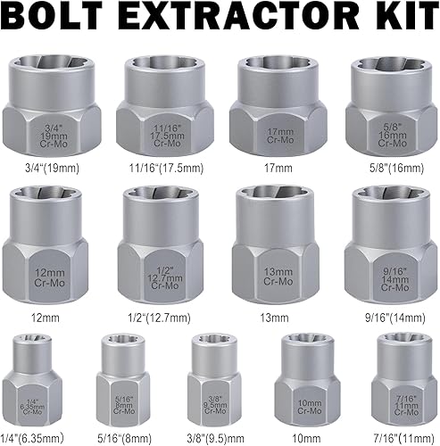 Miniatura 4 de Kit extractor de pernos, juego de 14 piezas de extractor de pernos de impacto y tuercas con adaptador de 38 pulgadas, juego de enchufes extractor de