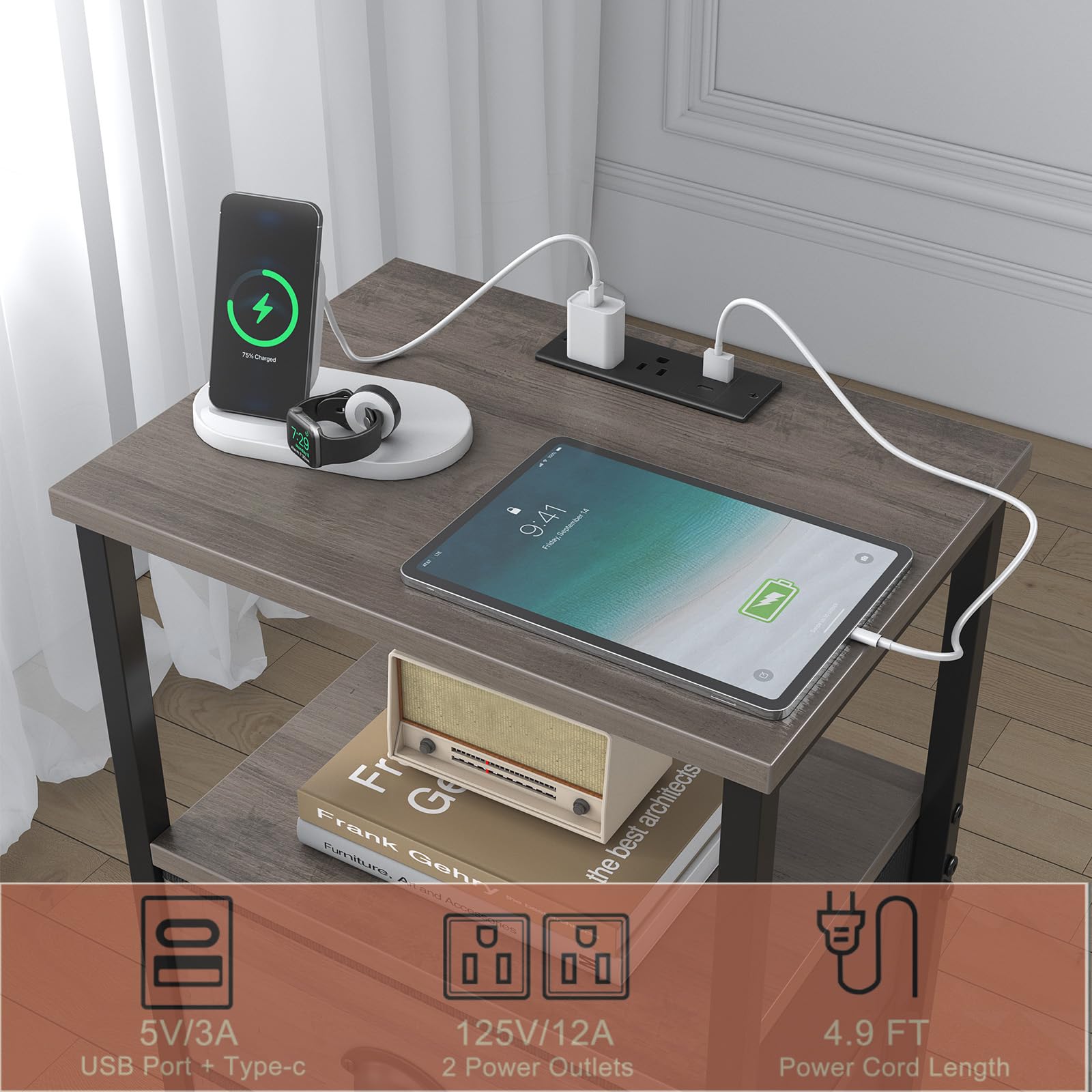 Mesita de noche con estación de carga, mesita de noche LED con 2 cajones de tela, mesa auxiliar gris con cajones, mesa auxiliar de almacenamiento de 2 niveles con cajones para dormitorio, gris 4