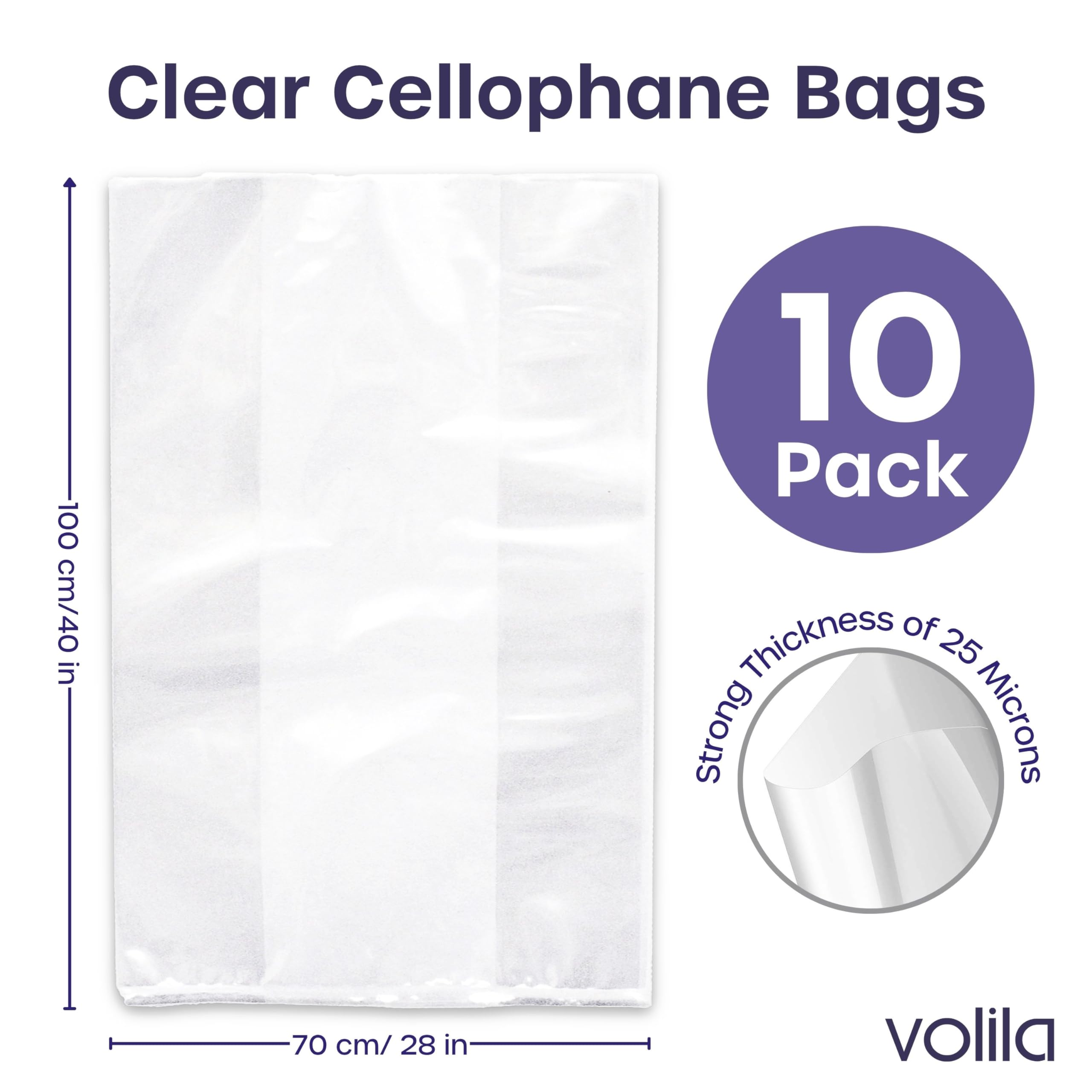 volila Large Cellophane Bags for Gift Baskets - 10 Pack (30 in x 40 in) Clear Gift Wrap for Gift Baskets, Floristry, Party Favors and Food Packaging