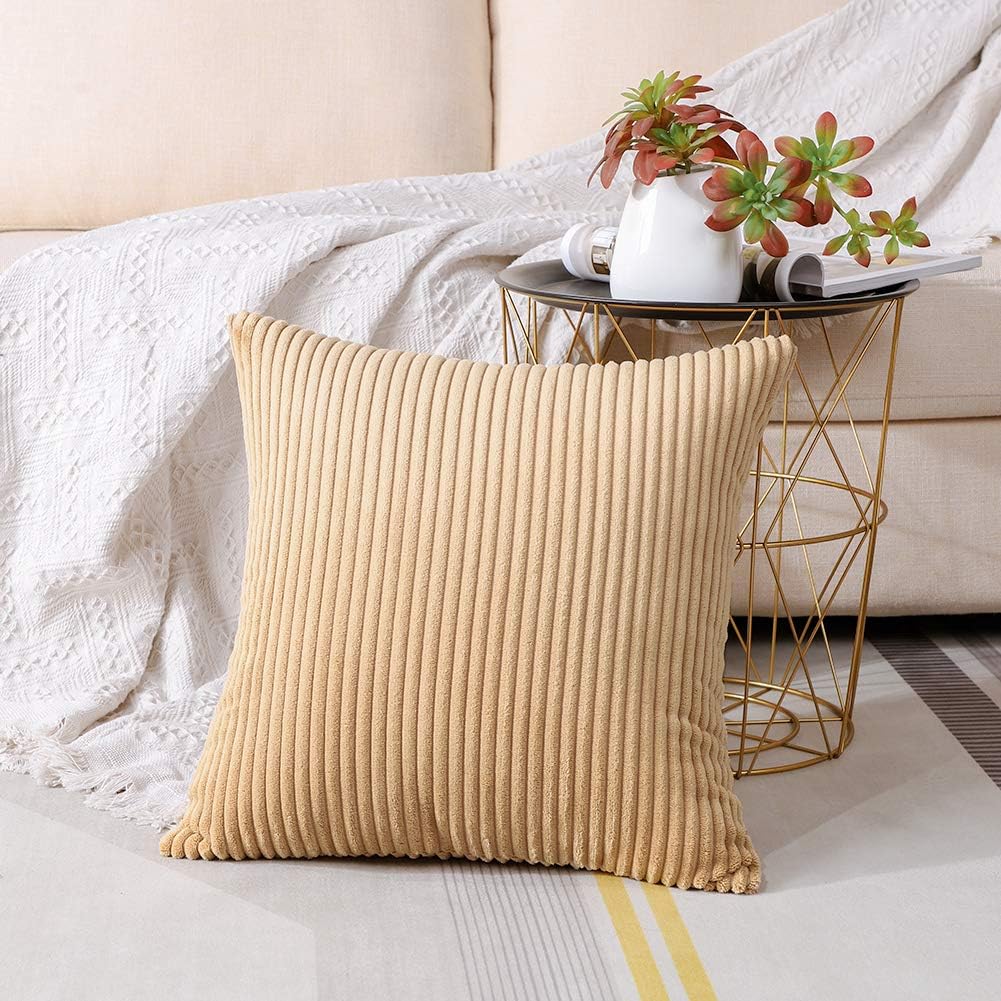 Artscope Cozy Striped Corduroy Pillow Covers Super Soft Decorative Square Throw Pillow Covers Case Cushion Covers for Sofa Couch Bedroom Car Decor 24 x 24 Inches, Khaki