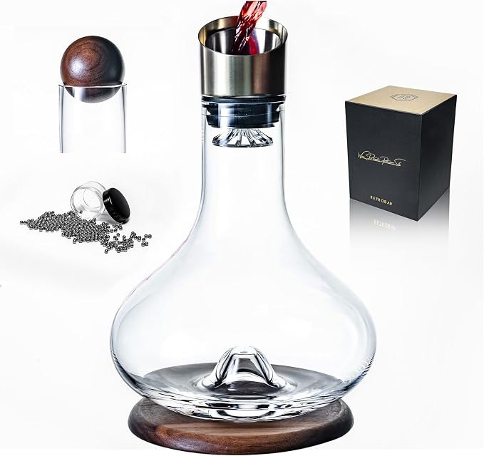 Premium Hand-Blown Crystal Wine Decanter with Built-In Aerator, Double-Layer Filter & Walnut Wood Base – Waterfall Pouring System for 3-Minute Decanting – Lead-Free with Wooden Stopper