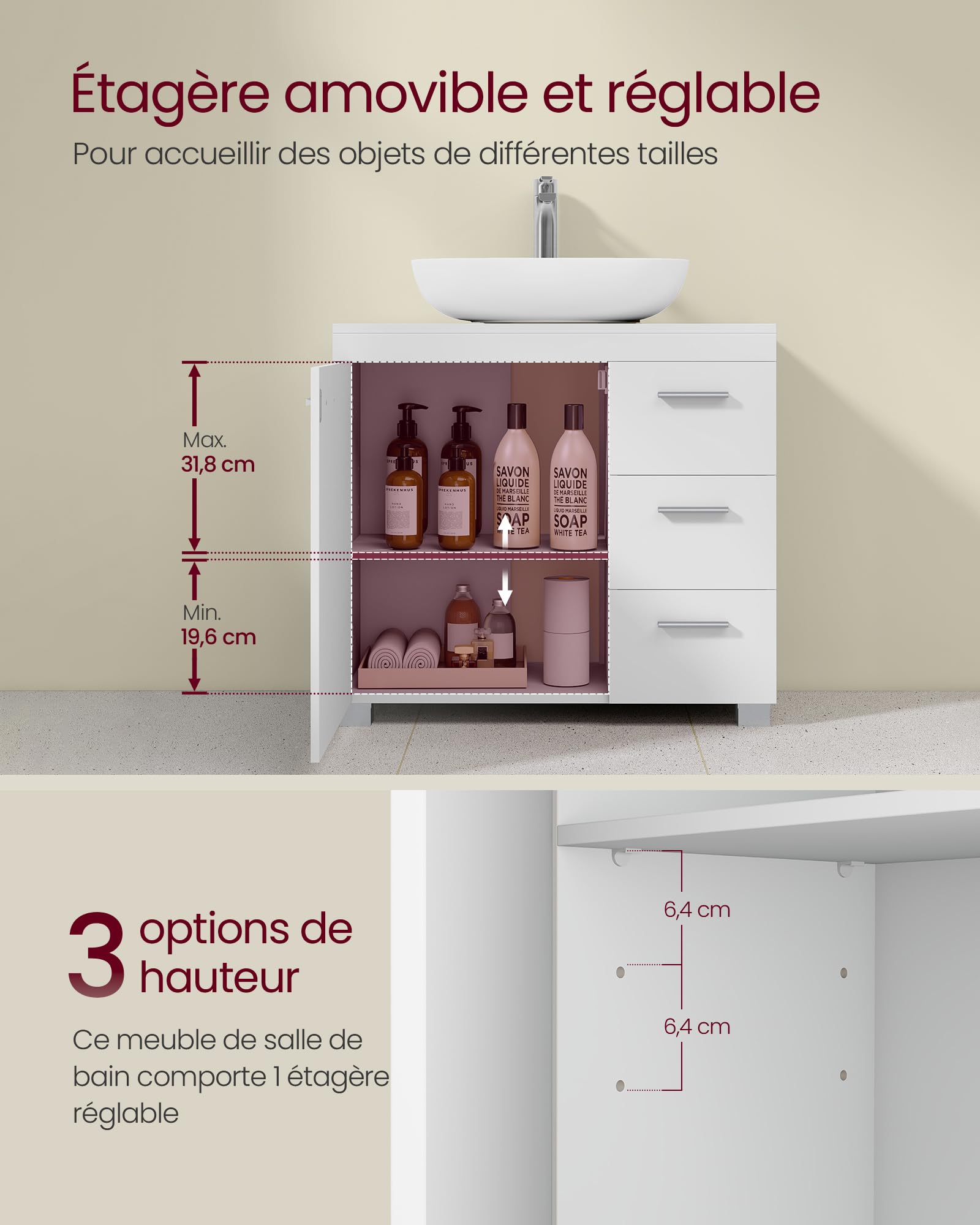 VASAGLE Meuble sous Lavabo, 3 Tiroirs Latéraux, 70 x 30 x 63,8 cm