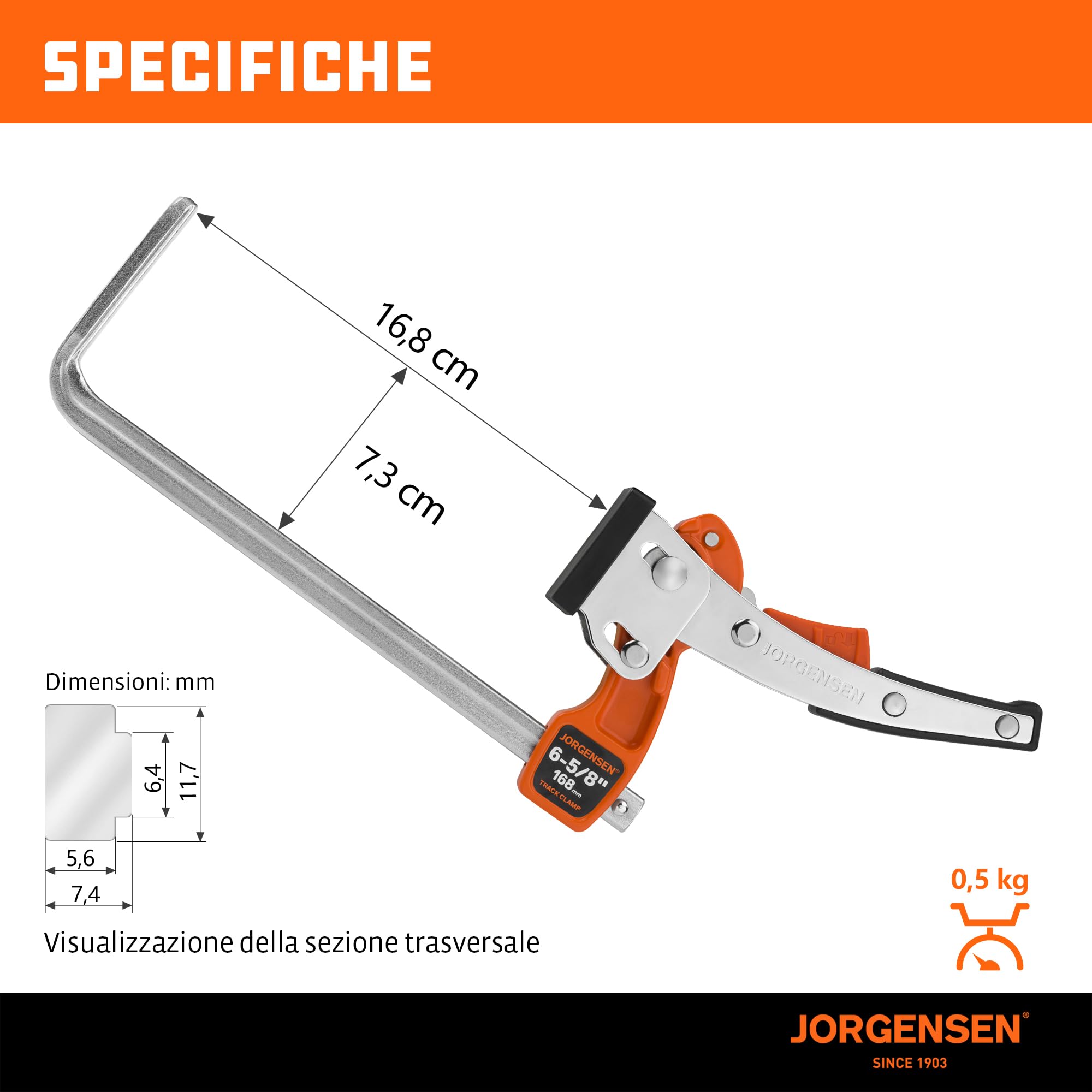JORGENSEN Set da 2 Morsetti da Falegname, Morsetto a Leva Guida per Binari, con Blocco di Sicurezza, Forza di Serraggio fino a 181 kg, Apertura Max 168 mm