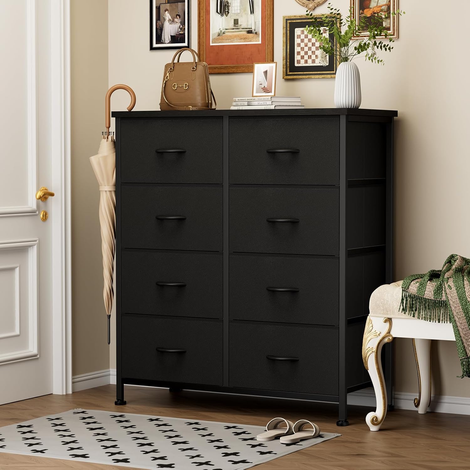 Dresser for Bedroom with 8 Drawers, Anti-Tip Tall Fabric Chests Storage Organizer Tower Furniture with Wooden Top Metal Frame for Clothes, Closet, Living Room, Hallway, Entryway Black 11.8"D x 31.4"W x 36.3"H (8 Drawers)