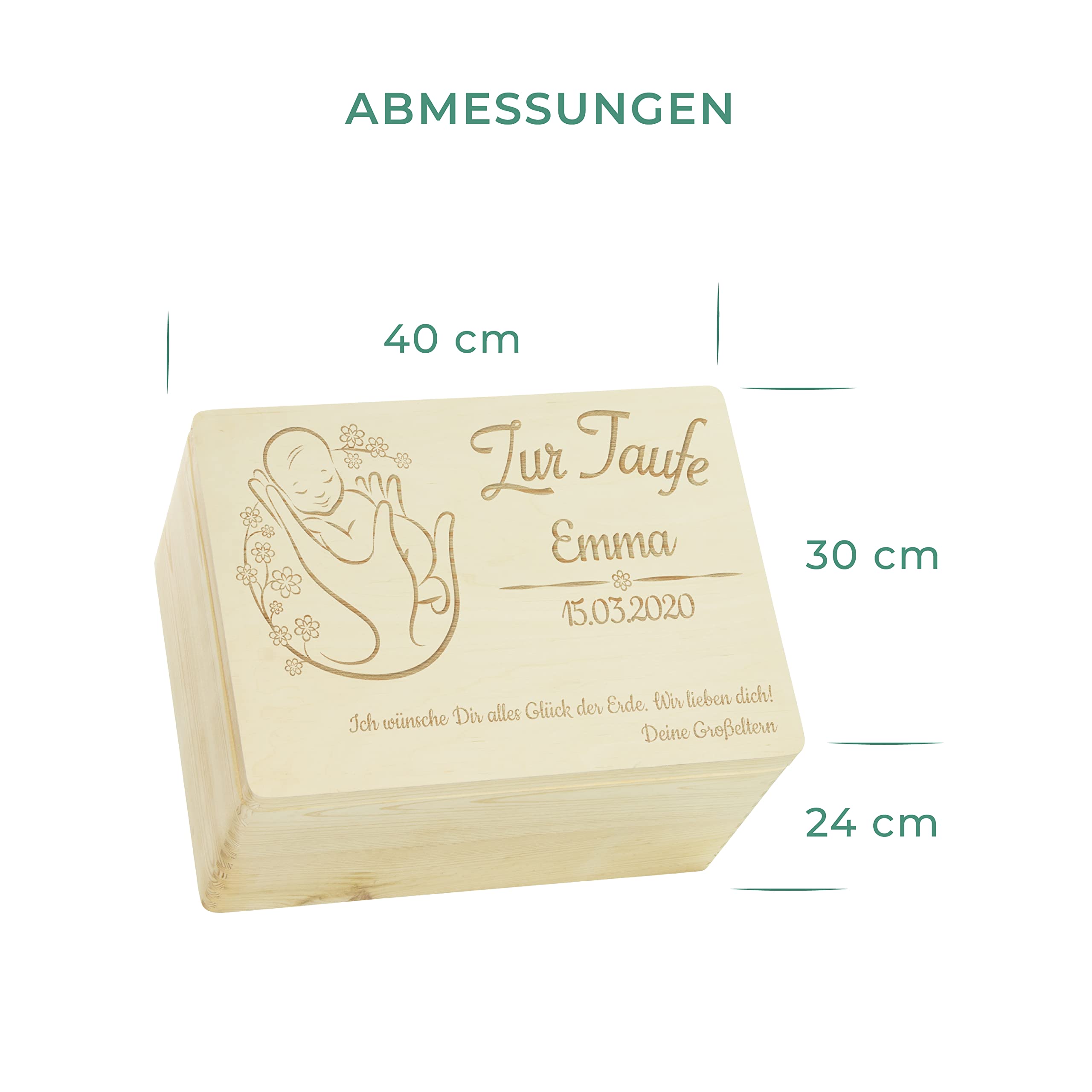 LAUBLUST Holzkiste mit Gravur - Personalisiert mit Name | Datum | WIDMUNG - Natur Größe XL - Blumenbaby Motiv - Geschenkkiste zur Taufe - FSC®