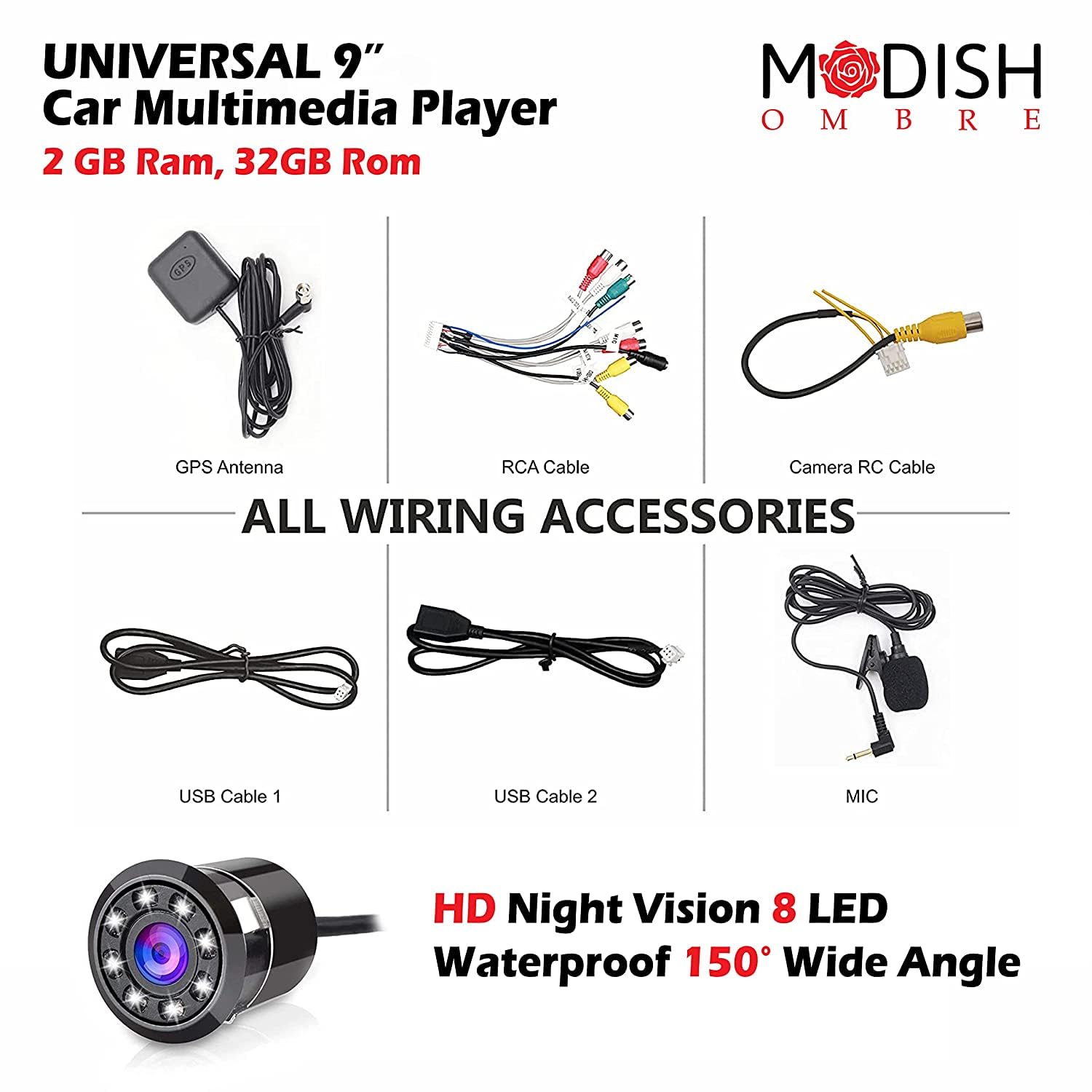 Modorwy TS7 Car Multimedia Player and all included wiring accessories: GPS antenna, RCA cable, camera RC cable, two USB cables, microphone, and HD night vision rear camera.
