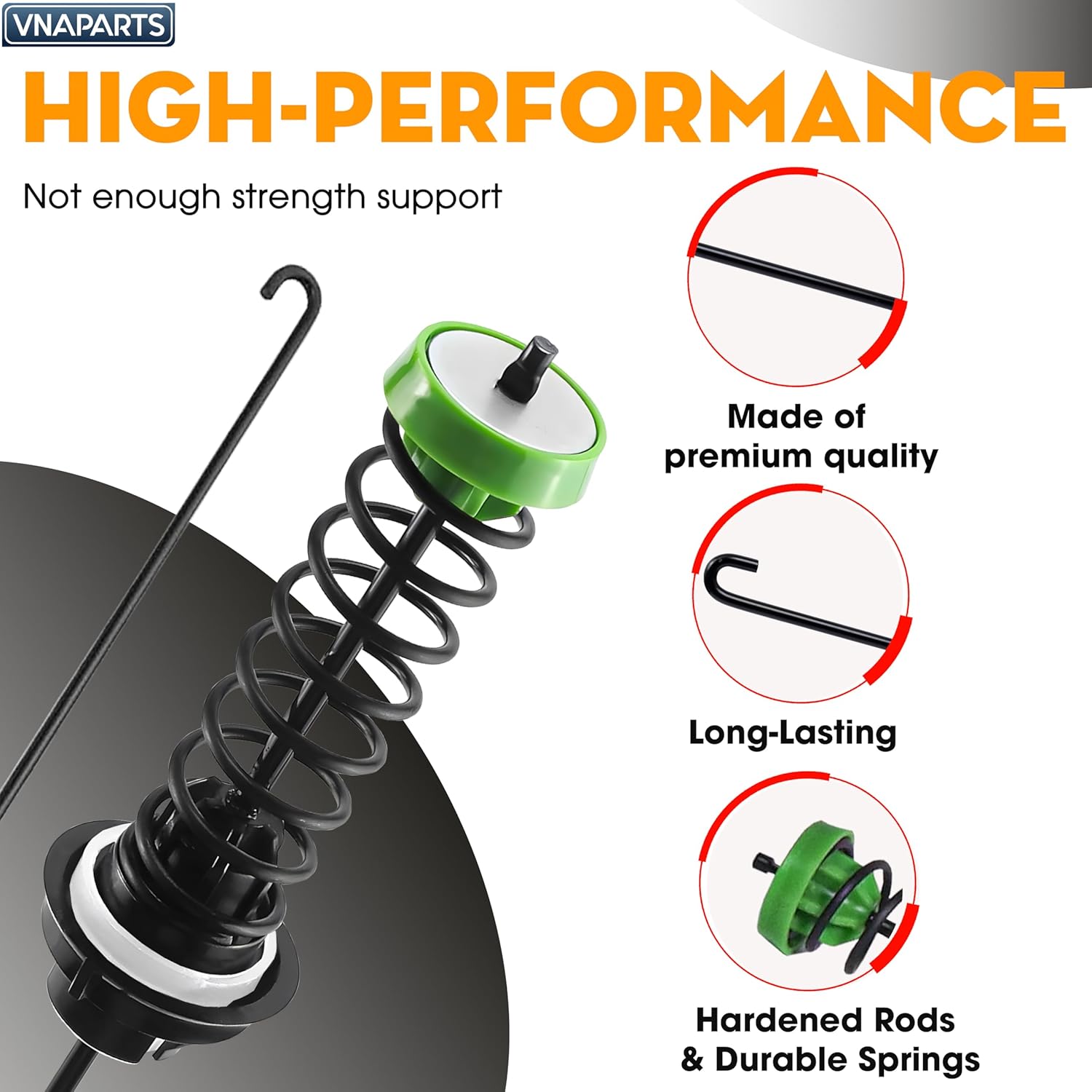 Diagram highlighting high-performance features of washer suspension rods