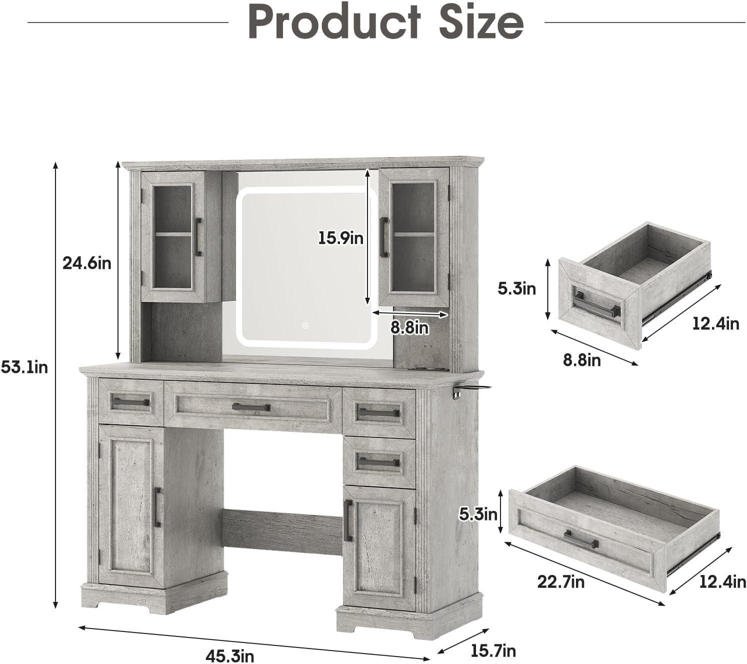 Vabches 45" Farmhouse Makeup Vanity Desk with Mirror & Lights, Makeup Table with Charging Station, 4 Drawers & Cabinets, 3 Lighting Modes, Bedroom Dressing Table, Grey