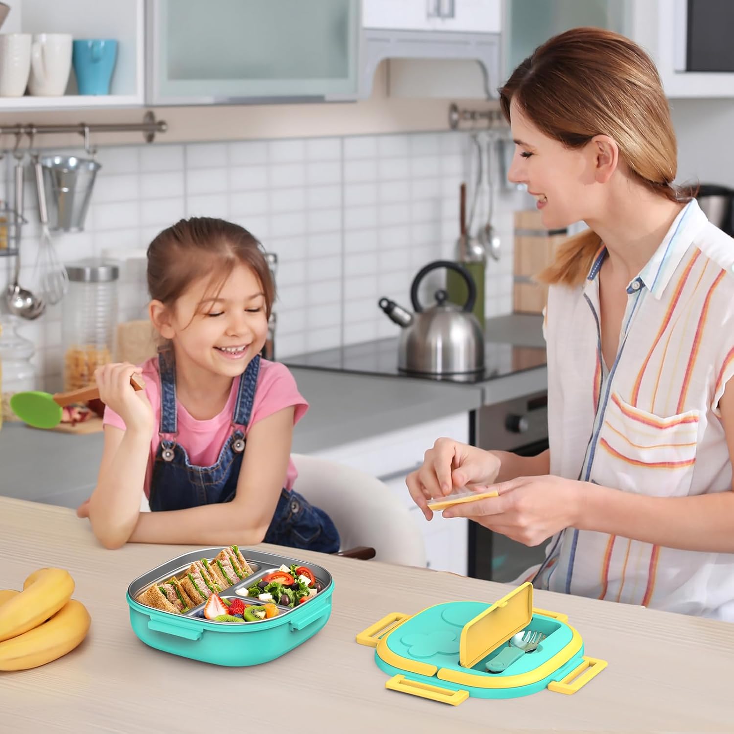 Bento Box for Kids Stainless Steel - 3-Compartment - Complete Lunch Set with Portable Utensil - Ideal for Children Under 10 Years Old - Dishwasher Safe & BPA-Free(Green) - Image 2