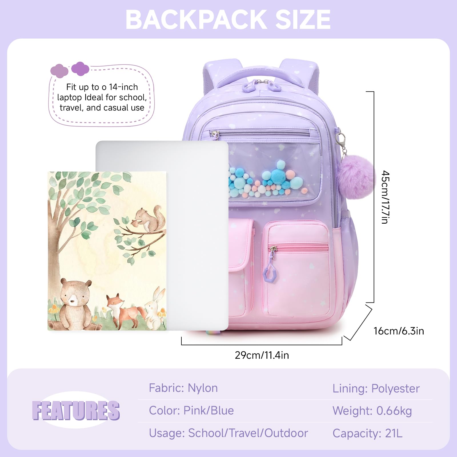 Amythe Mochila para Niñas, Mochila Escolar Niña Ergonómica con Rayas Reflexivas, Mochila Primaria Infantil de Ocio con Lindo pompón para Escuela y Viajes, 20L, Rosa-Violeta