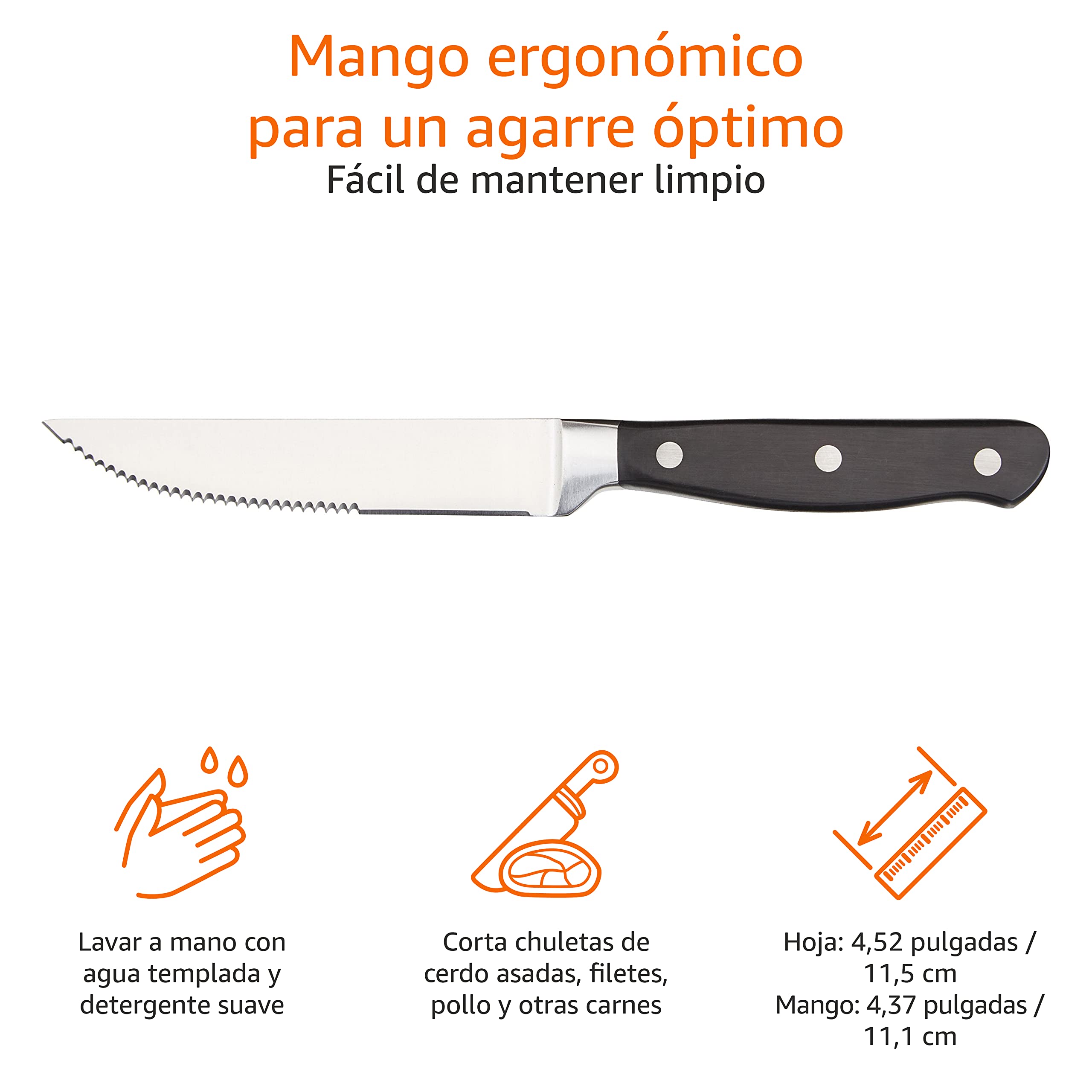 Amazon Basics Juego de cuchillos de carne, 8 Unidad, Negro/Acero inoxidable cepillado