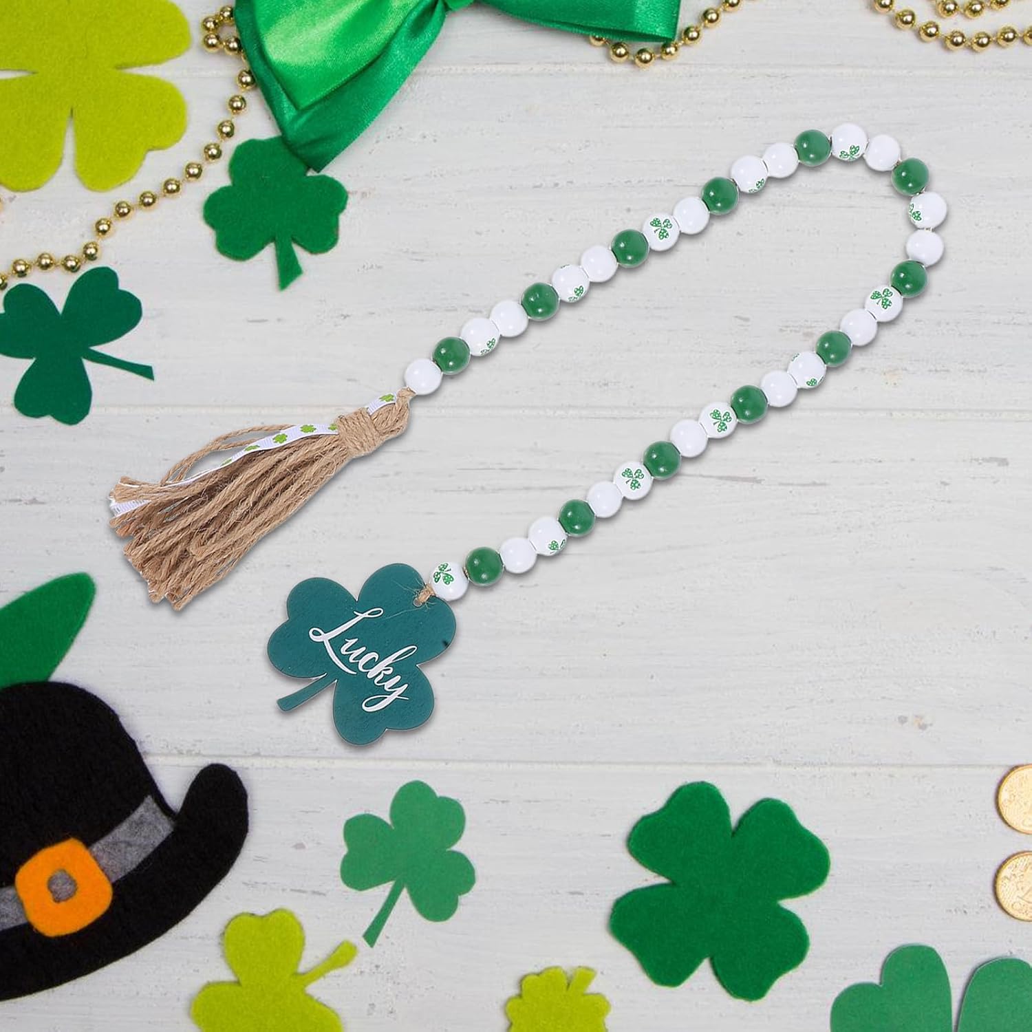 Cabilock St Patrick's Day Decoration Wood Beads Garland with Tassels Farmhouse Shamrock Decor Pendant Boho Beads for Home Decor,Wall Hanging Decoration (White Green)