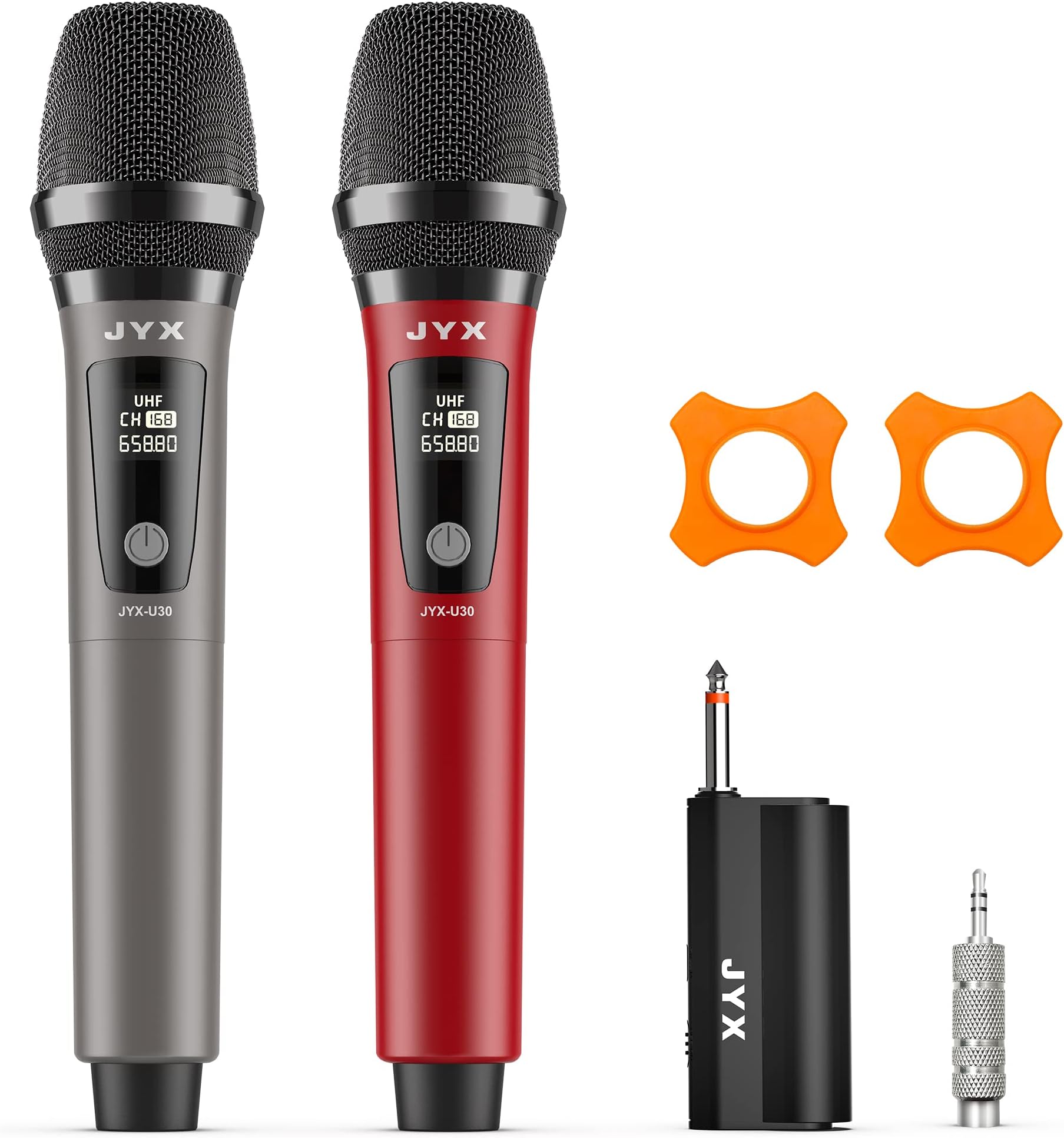 JYXWireless Microphone, Dual 2 UHF Cordless Mic System with Rechargeable Receiver, Handheld Dynamic Microphone with 100ft Transmission Distance for Karaoke/Meeting/Wedding/Speech