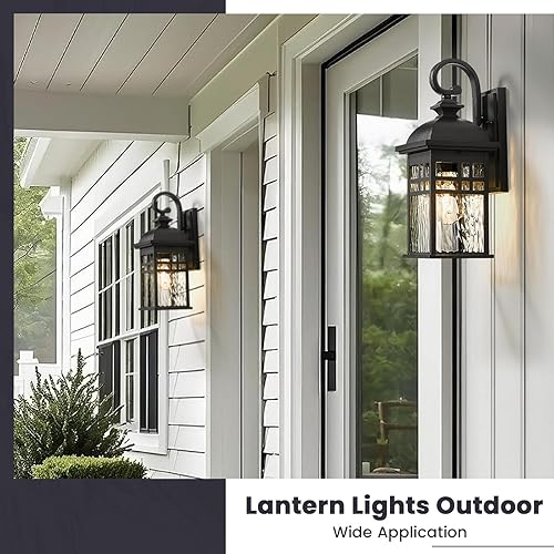 Miniatura 5 de Farol de pared exterior de aluminio negro con vidrio ondulado de agua, impermeable, luces de porche para puerta de patio, paquete de 2 enchufes E26