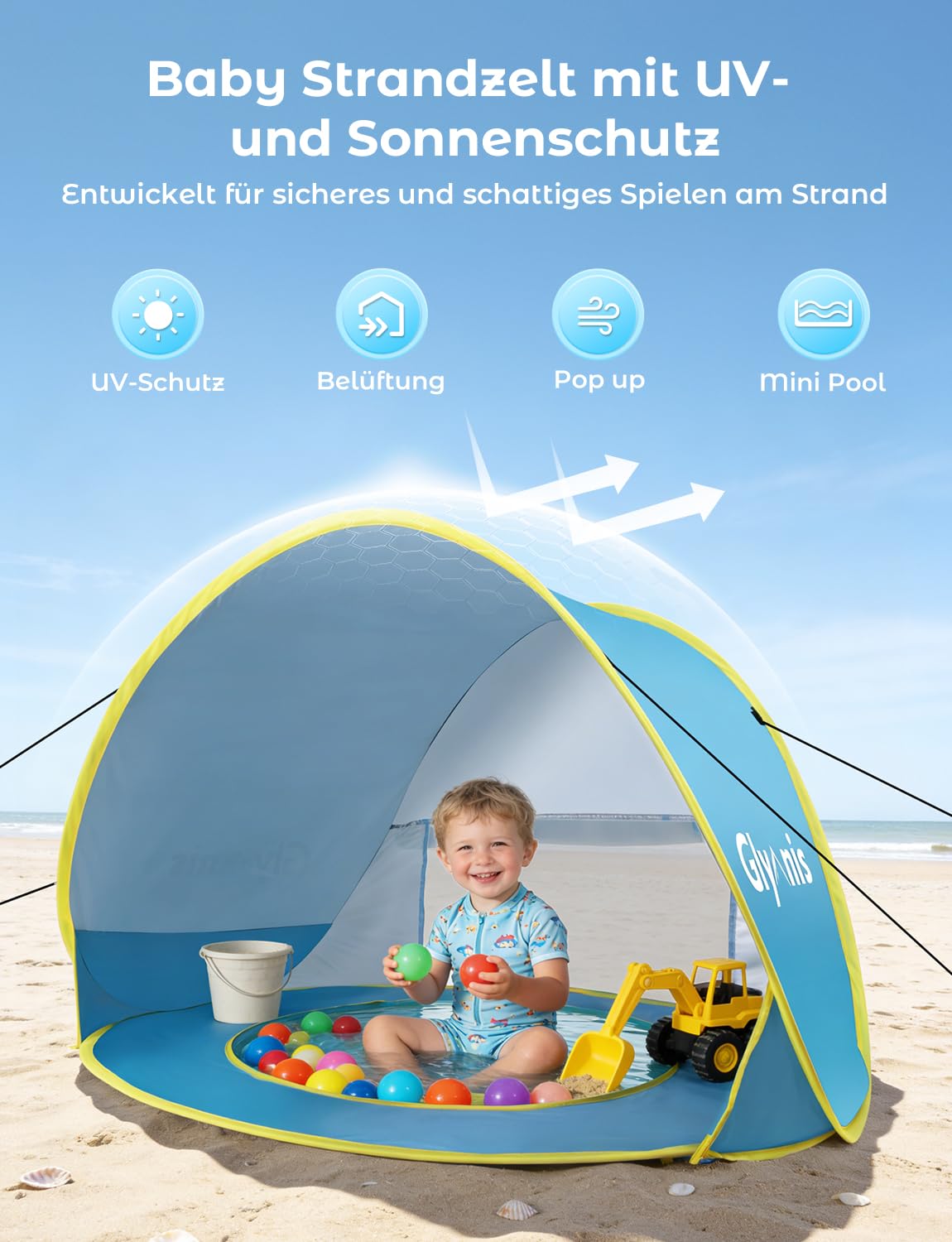 Glymnis Baby Strandmuschel Strandzelt Pop-up Baby Strand Zelt mit trennbarer Pool UV-Schutz UPF 50+ Sun Shade Shelter für Kleinkinder und Baby