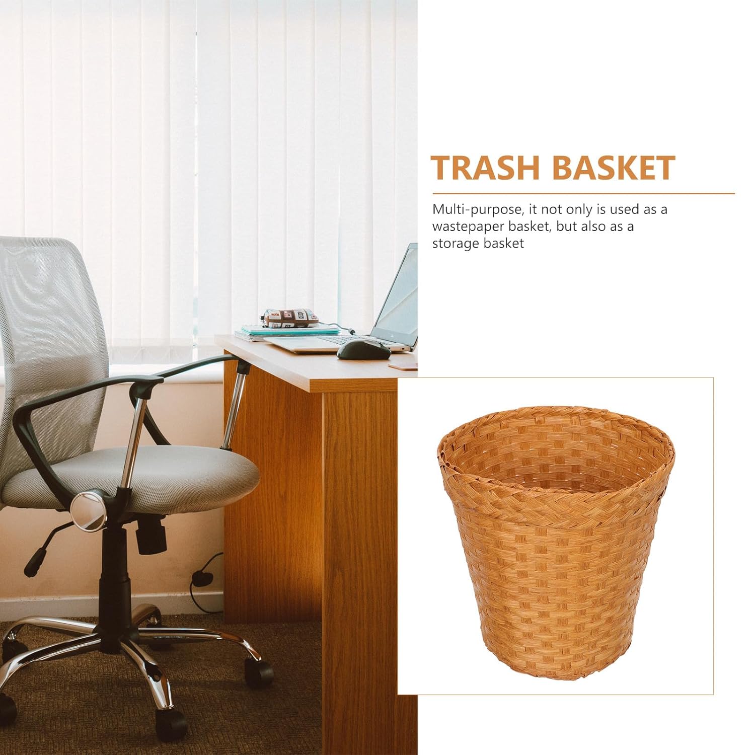 Large-Capacity Straw Woven Basket Waste Paper Container, Light Color Open-top Office and Living Room Storage Bin for Home Organization