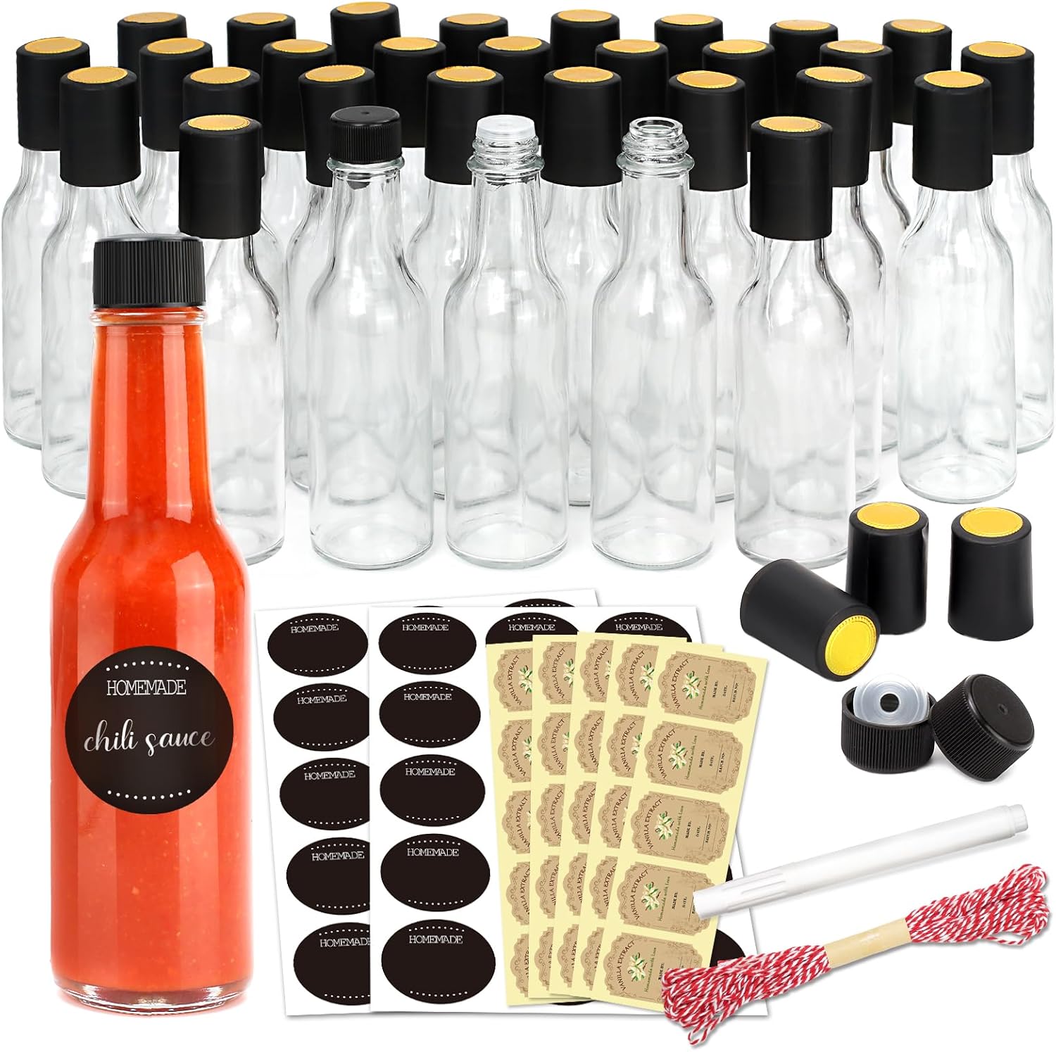 GMISUN Kitchen Essentials Hot Sauce Bottles 5 oz, 30 Pack Glass Woozy Bottles with Shrink Capsules, Mini Wine Bottle with Labels, Funnel, Caps, Dripper Inserts, for Homemade Hot Sauces, Dressing