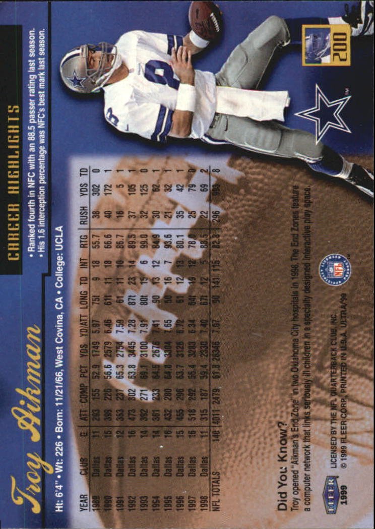 Amazon.com: 1999 Fleer Ultra Football Card #200 Troy Aikman