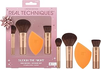 Sleigh The Night Mini Brush + Sponge 4 Piece Holiday Gift Set, Small Makeup Brushes For Travel, Makeup Sponge For Foundation & Concealer, Stocking Stuffer, Limited Edition, Latex-Free