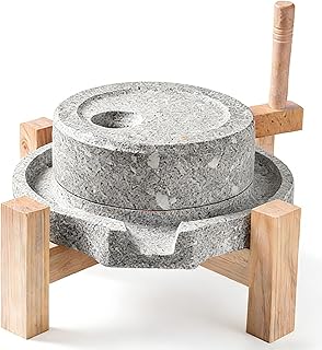 Stone Mill Grinder with Wood Base, Manual Stone Grain Mill, Natural Stone Grinder Mill for Dry & Wet Use, Traditional Style, for Coffee Bean/Corn/Rice(25+35cm/9.8+13.7in)