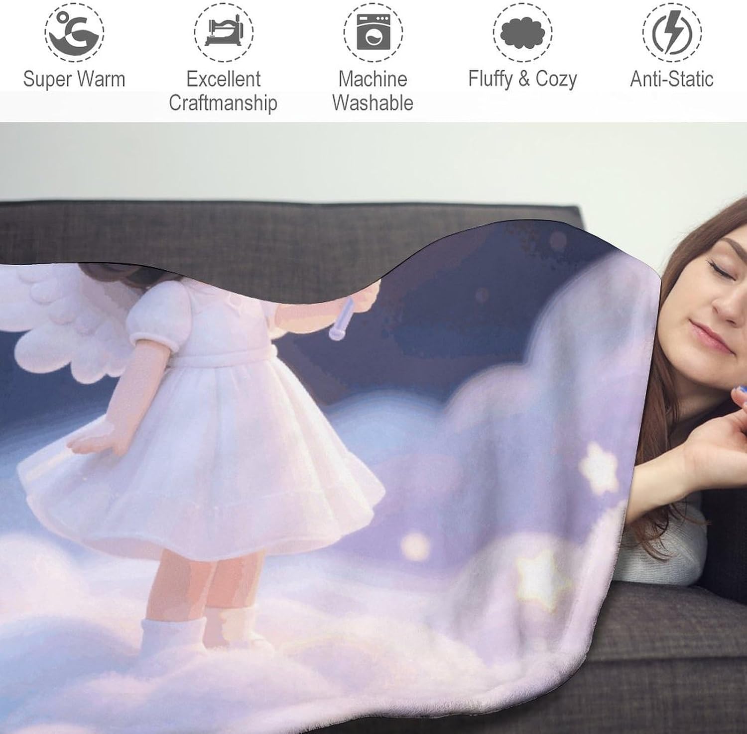 Angelic Little Girl Throw Blanket Round Beach Towel | 59.1 Inch Circular Flannel blanket Large Soft Beach Blanket Lightweight Foldable Beach Towel Throw for Daily Leisure Use