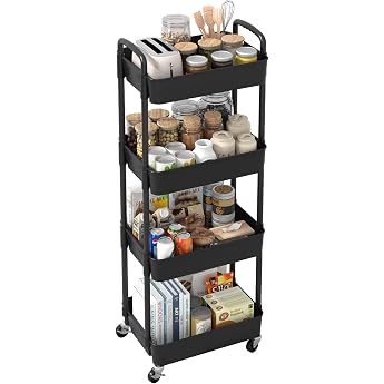 sywhitta 4-tier kitchen trolley utility trolley rolling storage trolley with handle multifunctional serving trolley roll shelf for office living room kitchen black