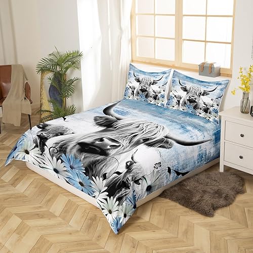 Miniatura 2 de Erosebridal Funda de edredón con estampado de vaca de las montañas, juego de ropa de cama azul occidental para decoración del hogar, funda de