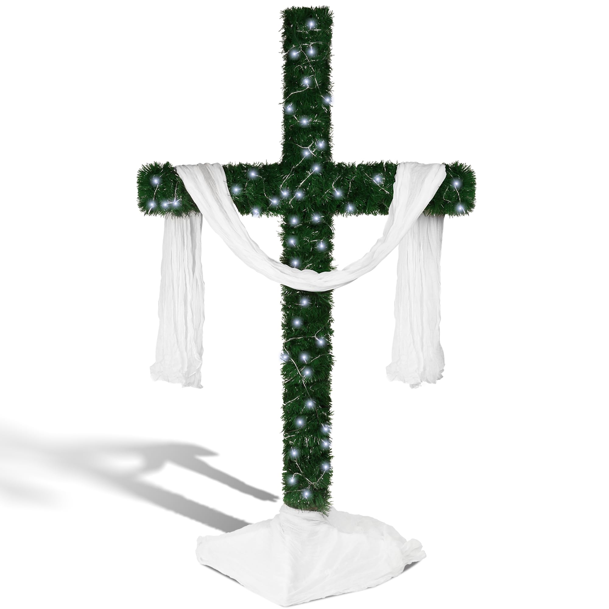 Photo 1 of 74-Inch Lighted Christmas Cross Tree with 200 Cool White LED String Lights, Religious Indoor Holiday Decor with Scarves & Vines – Christian Catholic Jesus Home Decoration