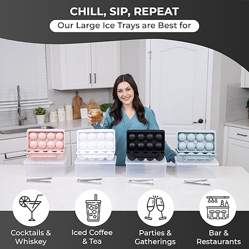 Miniatura 9 de Paquete de 2 bandejas de hielo extra grandes de alta calidad (2.5 pulgadas) (lengüeta + caja) (8 cavidades), molde de hielo esférico para whisky,