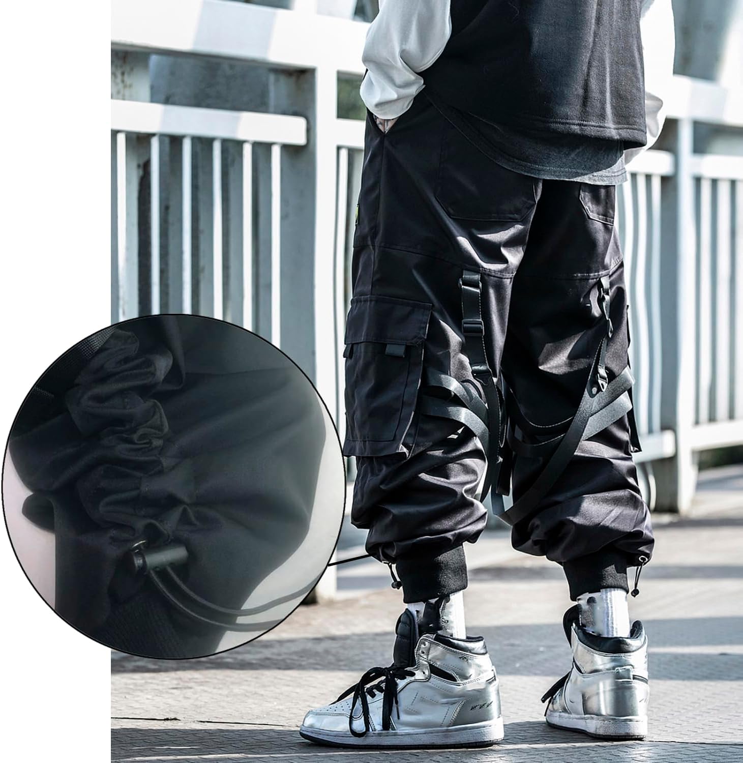 MOKEWEN Men's Multi Straps Cargo Pockets Streetwear Jogger Ankle Ninth Pants with Elastic Waist Drawstring - Image 3