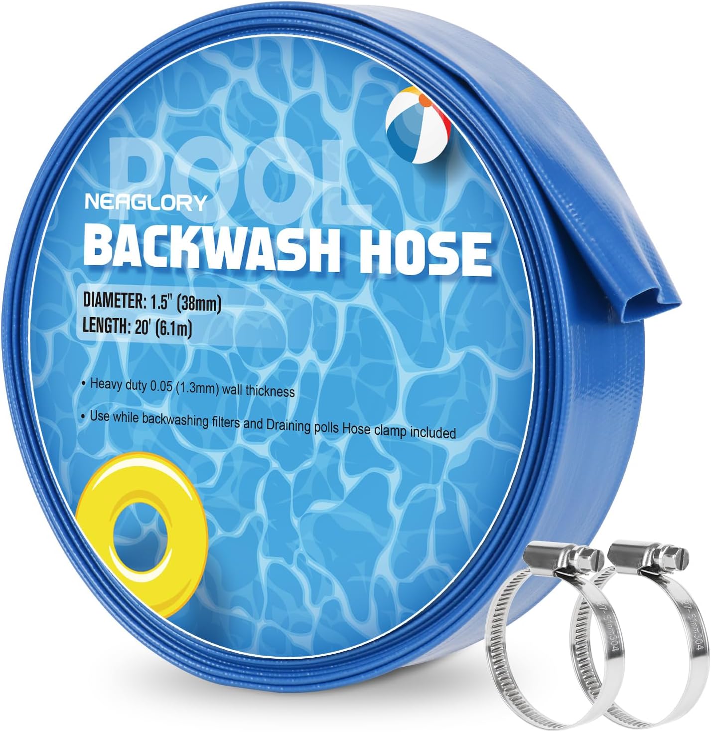 NEAGLORY 2" x 50 FT Pool Backwash Hose, Heavy Duty Flat Sump Pump Hose, Reinforced Discharge Hose with Clamp, Weather and Burst Resistant, Drain Clean Swimming Pools and Filters for Inground Pools