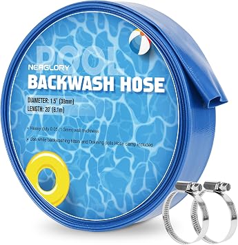1.5" x 20 FT Pool Backwash Hose, Heavy Duty Flat Sump Pump Hose, Reinforced Discharge Hose with Clamp, Weather and Burst Resistant, Drain Clean Swimming Pools and Filters for Inground Pools