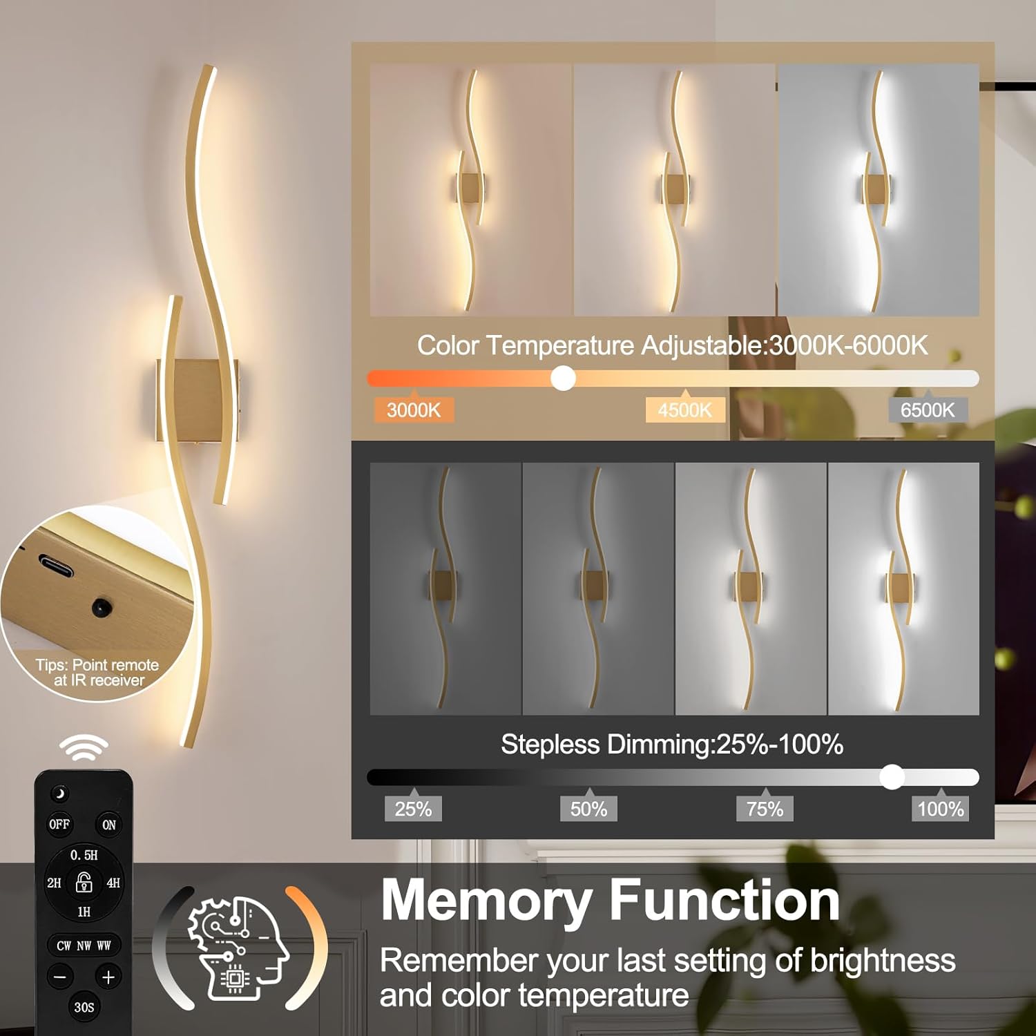 modern led wall sconce set of two, dimmable battery powered wall sconces, 3000k-6500k wireless wall light, rechargeable wall lamp indoor not hardwired for room bedroom corridor, 39.3in(gold) gold-39.3 inch battery operated