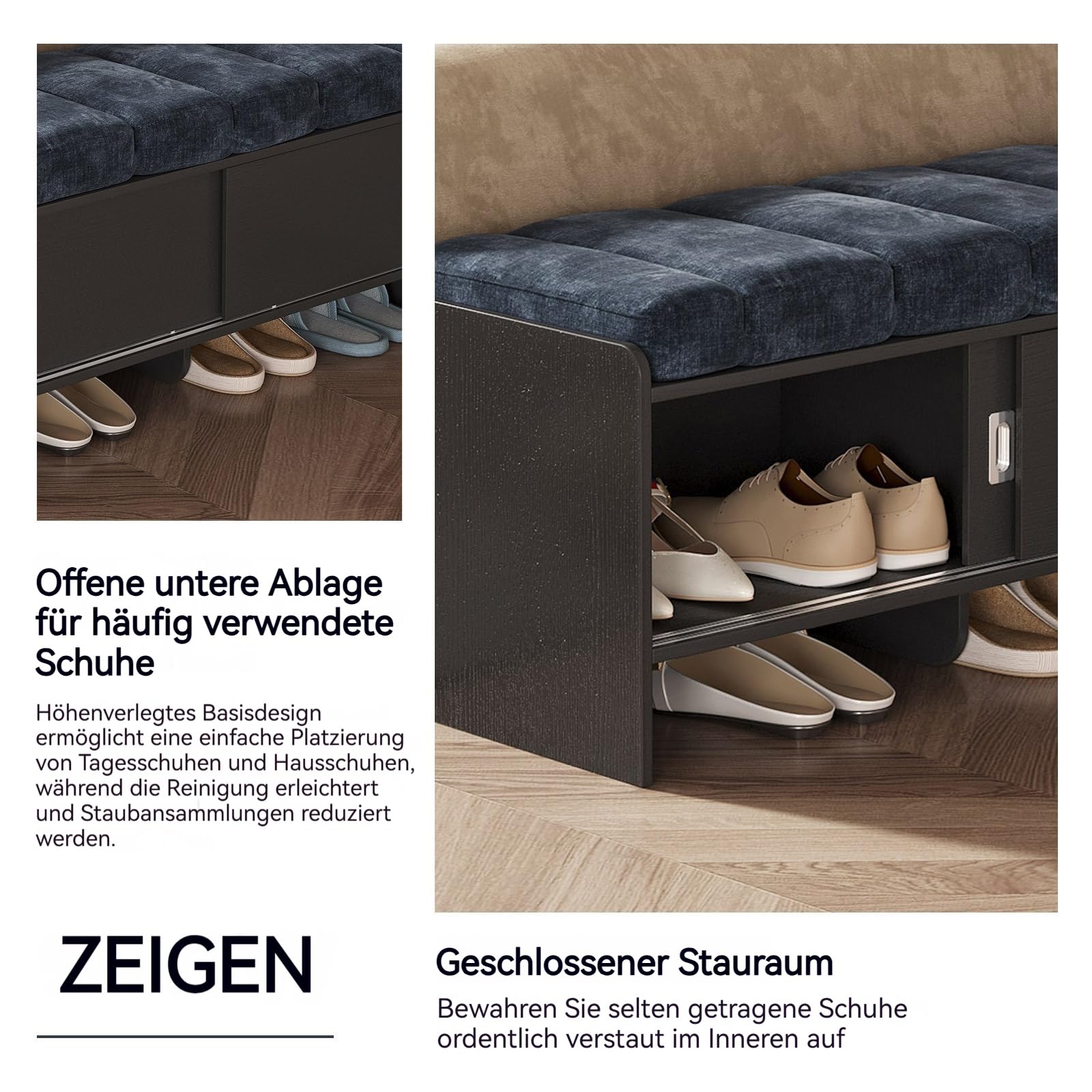 Miuuod 110cm Shoe Storage Bench, Double Deck Shoe Bench with 2 Slide Doors, Shoe Changing Stool with Cushion Padded Seat for Entryway, Living Room, Bedroom and Hallway