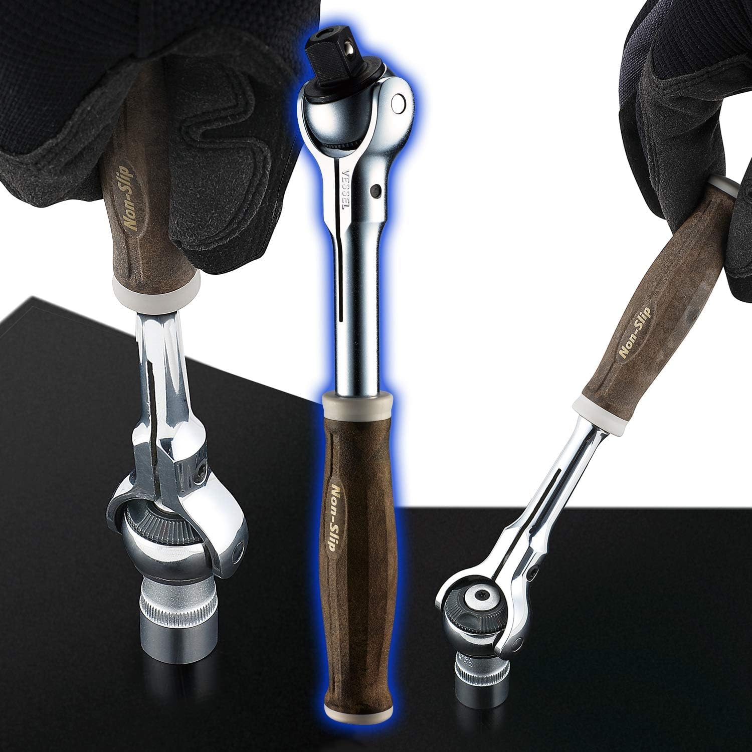 VESSEL 1/4" (6.35mm) Swivel Head Ratchet Socket Wrench - WOOD-COMPO HRH2-SW Non-slip Handle