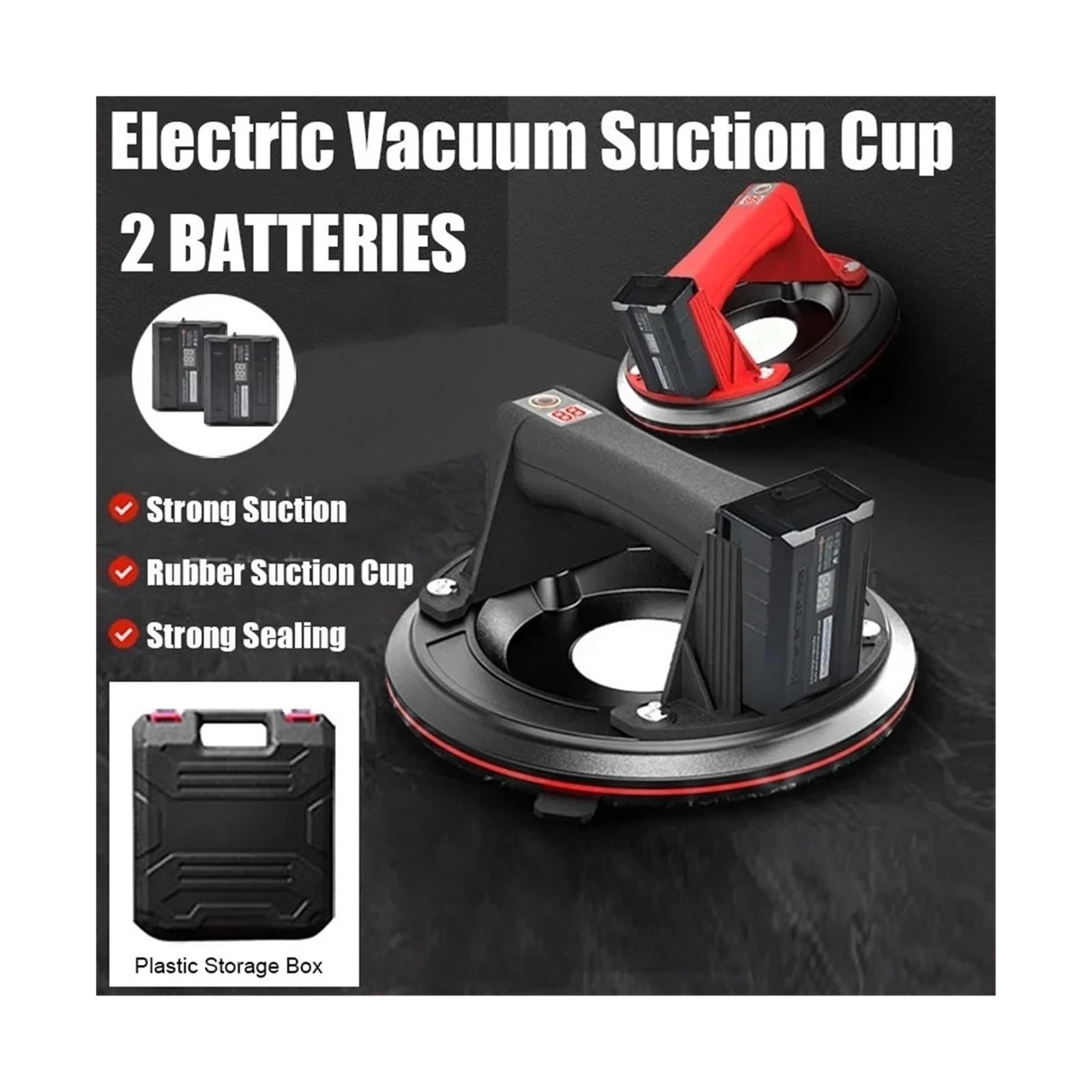 Ventosas de vidrio, Ventosa de vacío eléctrica 8 pulgadas, herramientas elevación pesadas LED goma doble capa for baldosas cerámica para azulejos, parabrisas, ventanas(Black-2 Batteries)