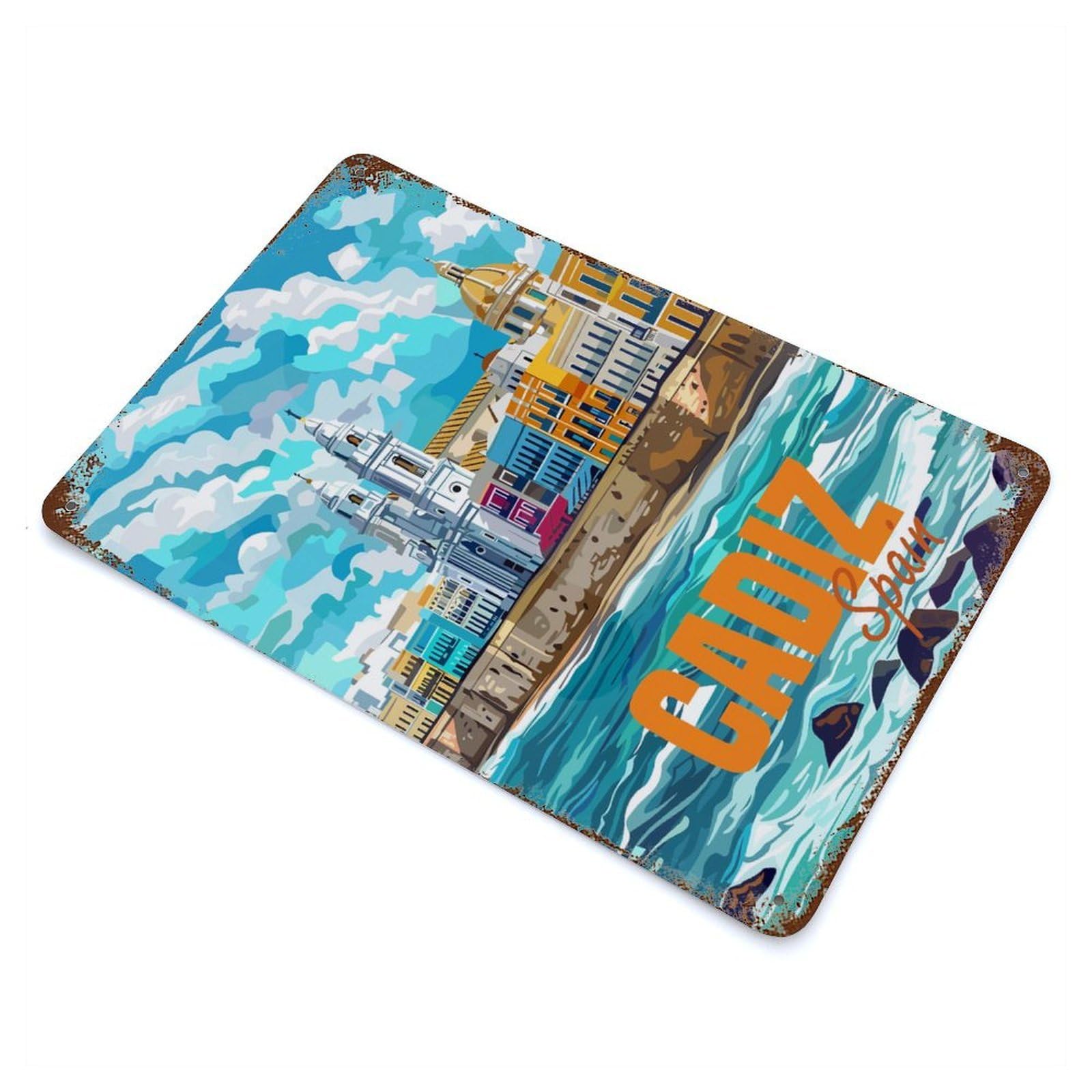Cadiz Spain Travel Rusty Metal Tin Sign 11.8"x7.9", Rustic Home Decor for Living Room, Hallway And Home Decor