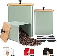 LUKMILEE Kitchen Canisters Set of 3 Saga Green - Airtight Metal Flour Sugar Storage Jars with Bamboo Lids & Chalkboard Labels
