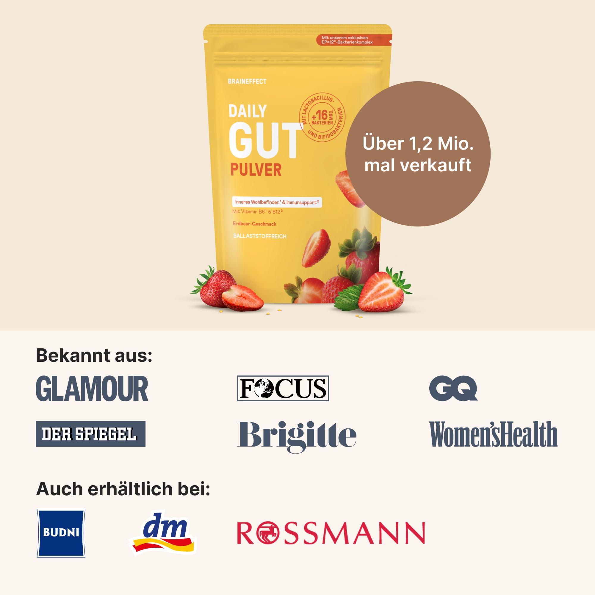 BRAINEFFECT DAILY GUT – Probiotisches Getränkepulver mit 16 Mrd. lebenden Bakterien & 7 g Ballaststoffen pro Portion, mit Vitamin B1, B2, B6 & B12, Erdbeergeschmack – 240 g
