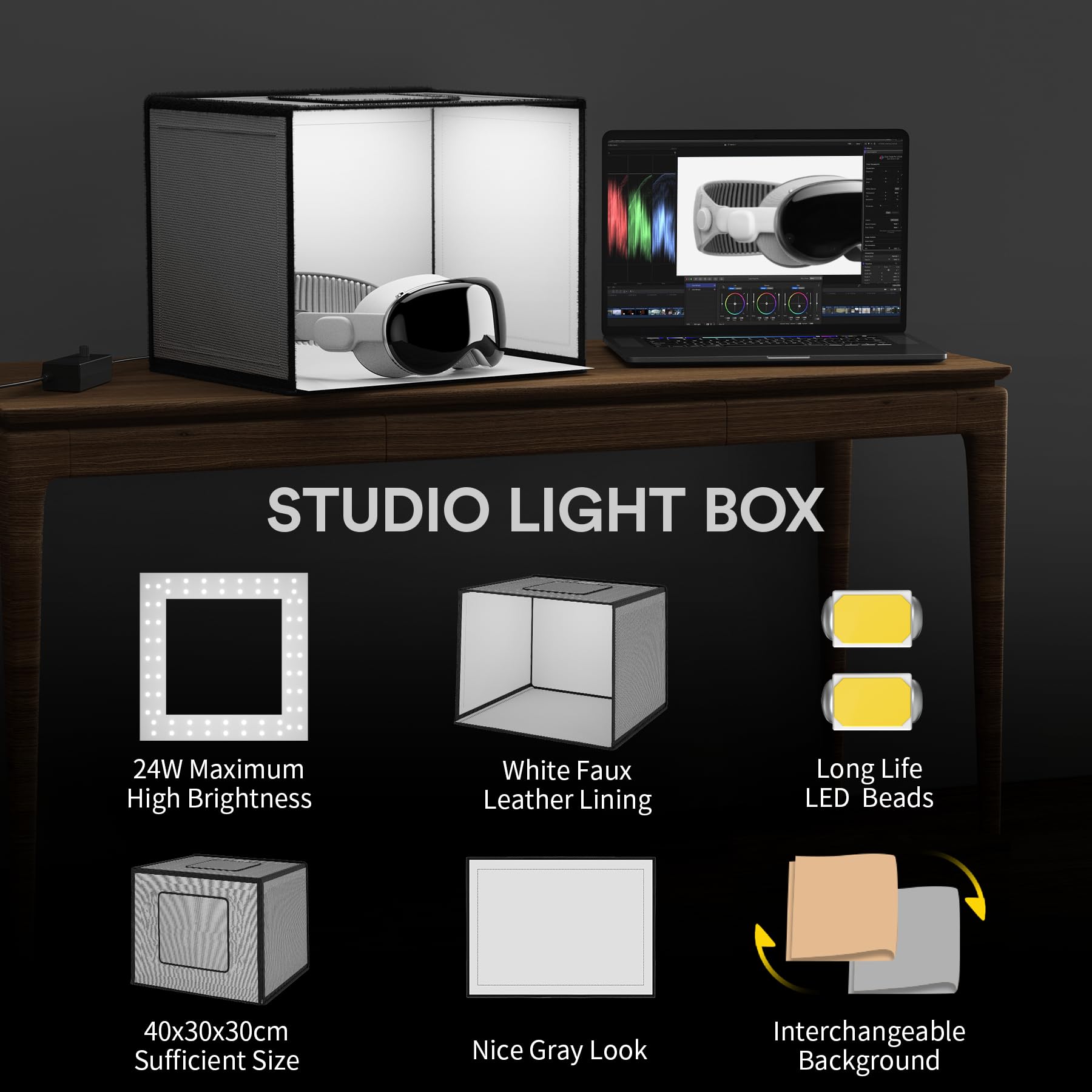 RaLeno Fotobox, 40X30X30cm Lichtzelte Fotostudio Set Lichtbox (CRI > 95 | 64 LEDs | 24 W einstellbare Helligkeit | 6 Hintergründe) für Produktfotografie