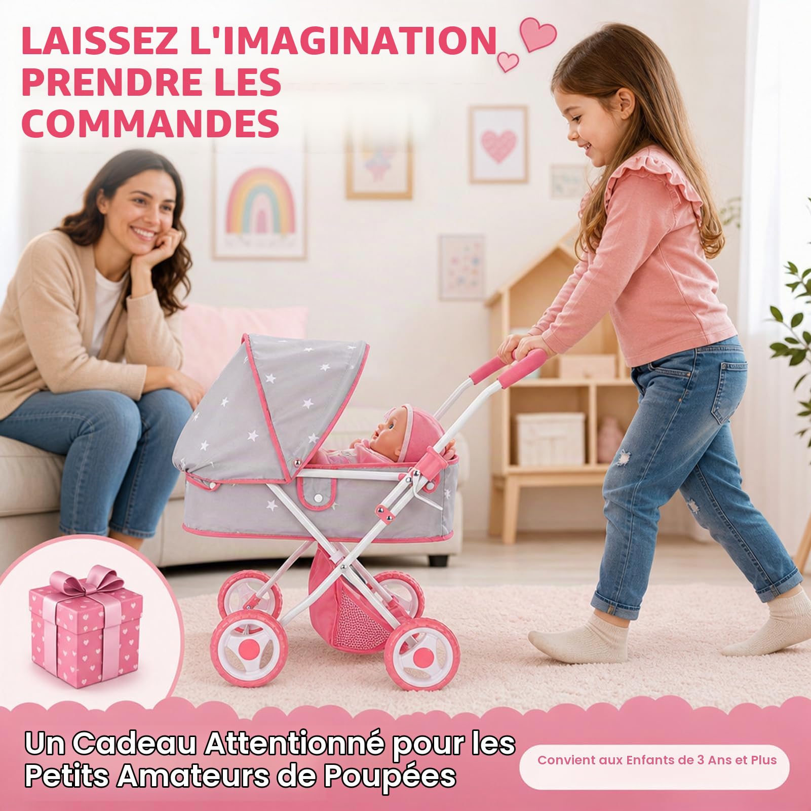 Bebamour Landau 2 en 1 Ensemble Poussette avec Landau Amovible Jouet pour Tout-Petits (Gris)