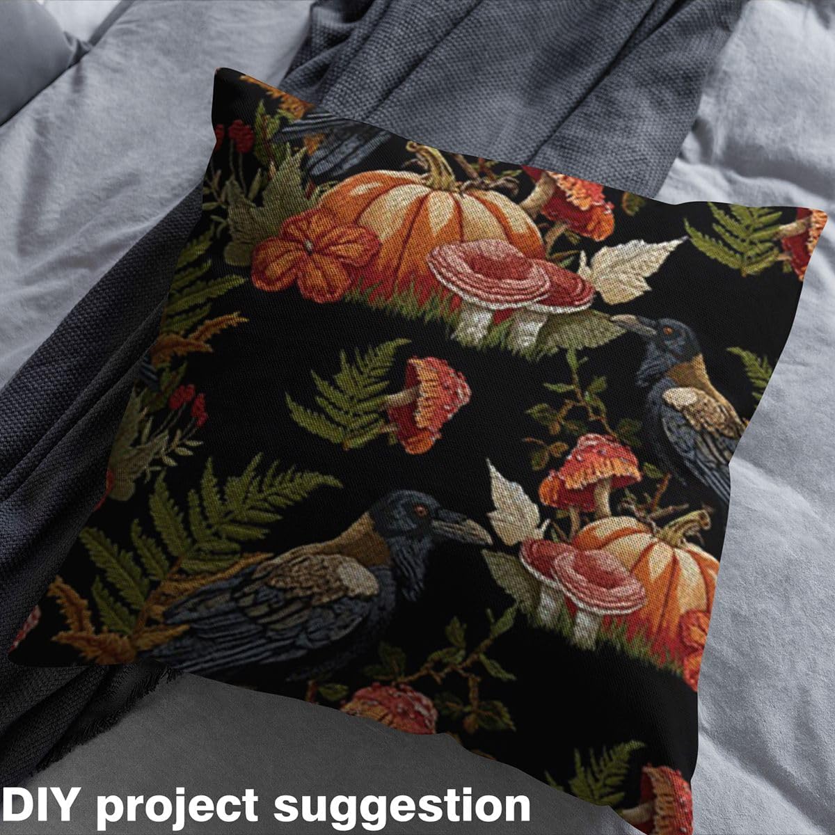 Pumpkin Fabric by The Yard, Bird Mushroom Upholstery, Fall Autumn Decorative Fabric, Leaves Embroidery Indoor Outdoor Quilting Sewing, Yellow Green, 5 Yards